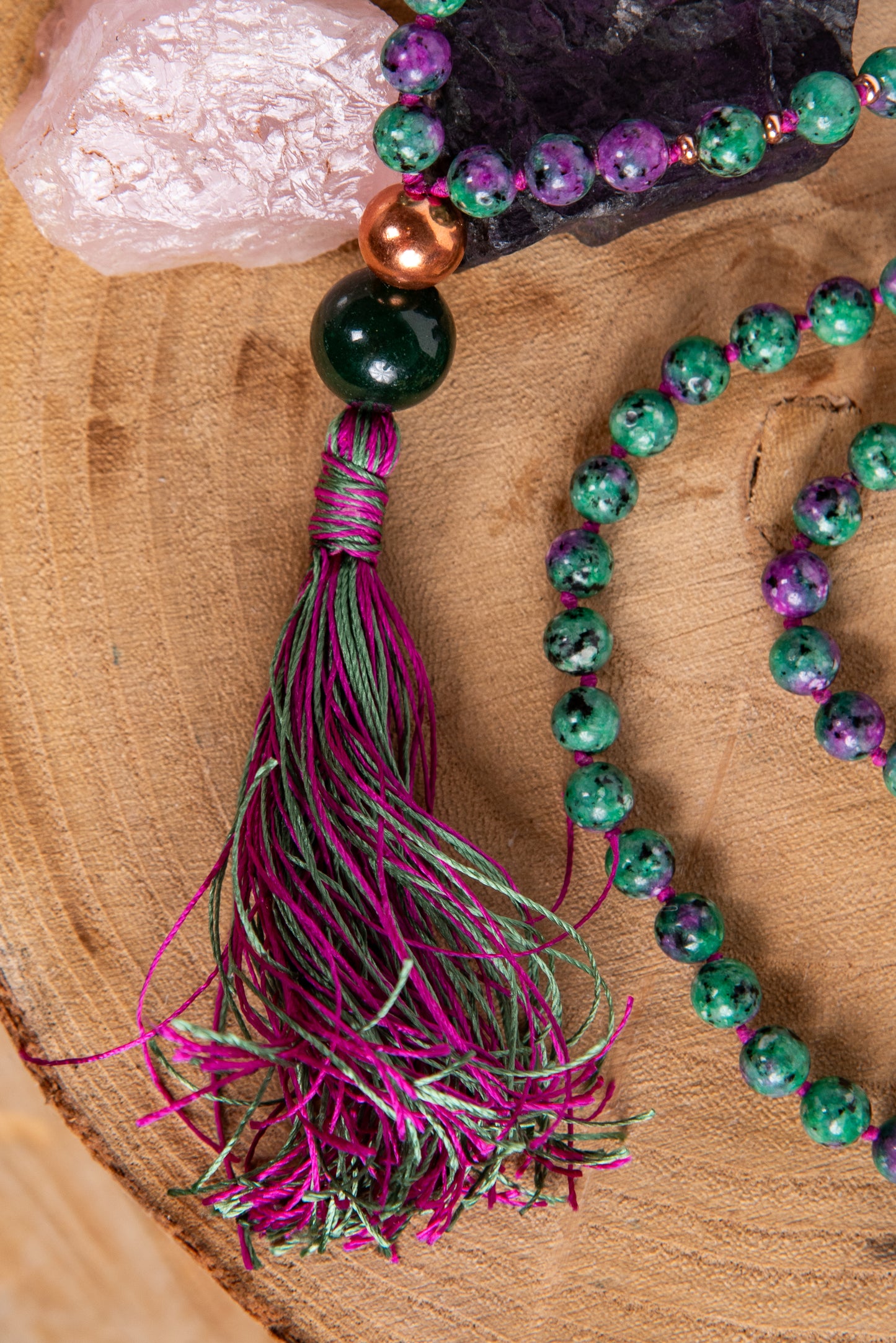Mala con 108 perle di Zoisite, Pietra Guru Diaspro verde, Rame