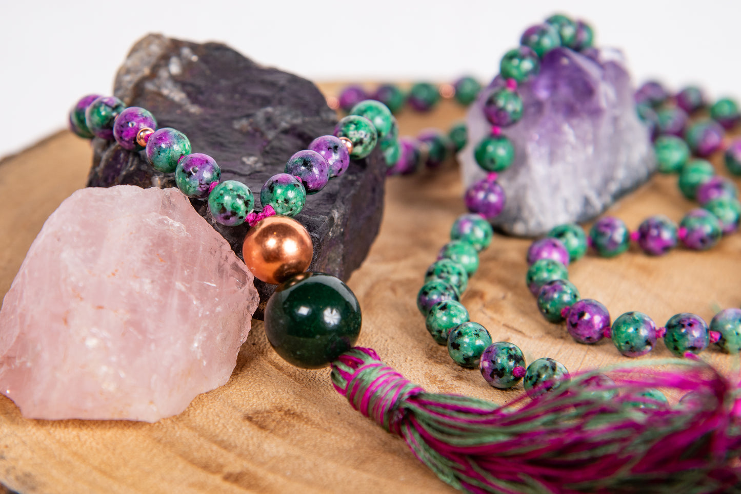 Mala con 108 perle di Zoisite, Pietra Guru Diaspro verde, Rame