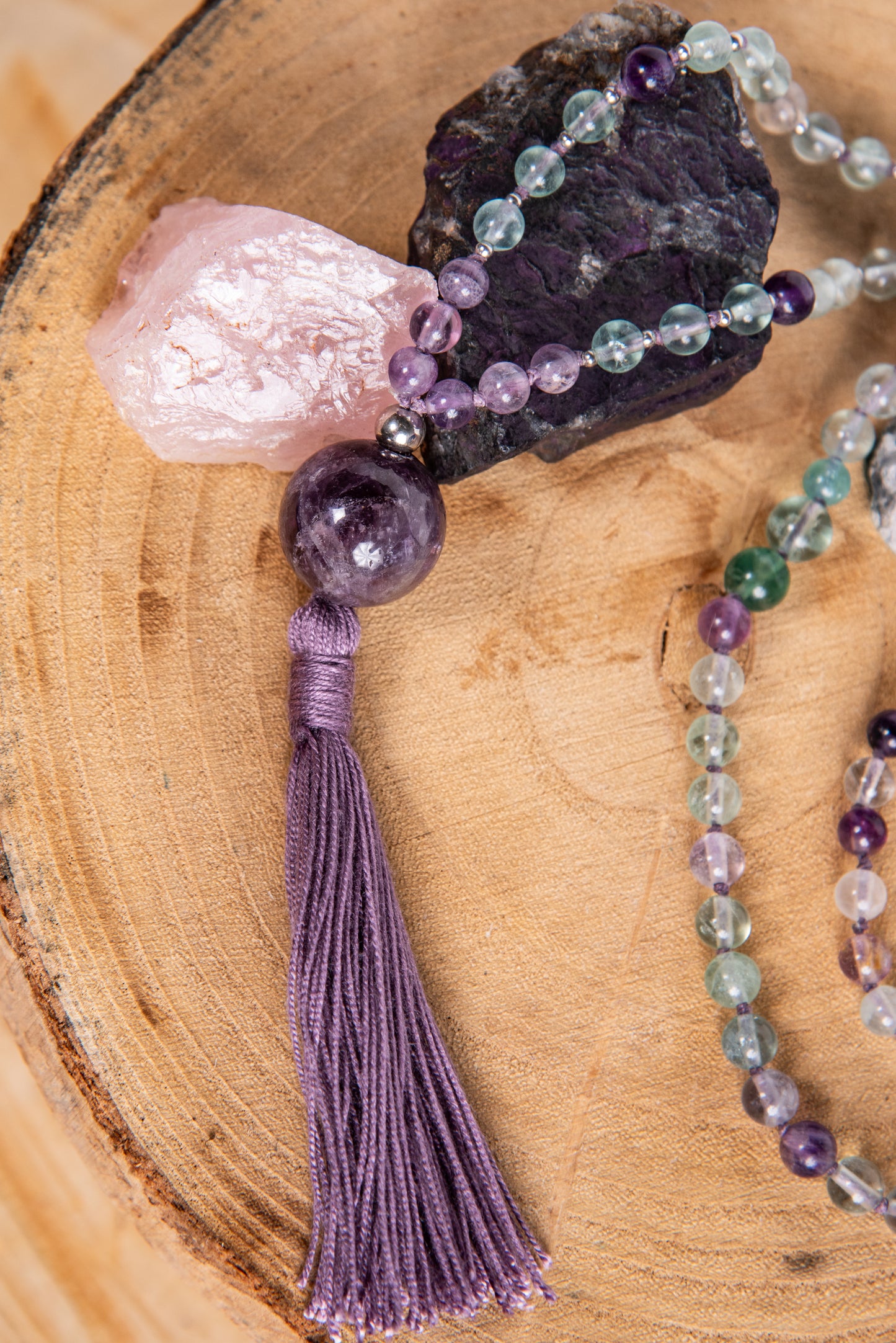 Mala per meditare 108 perle in Fluorite, Pietra Guru Ametista, Argento 925