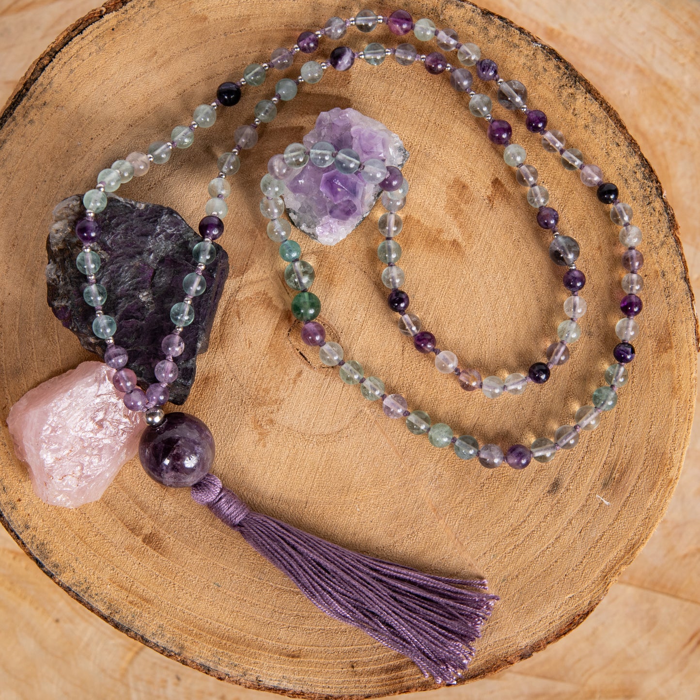 Mala per meditare 108 perle in Fluorite, Pietra Guru Ametista, Argento 925