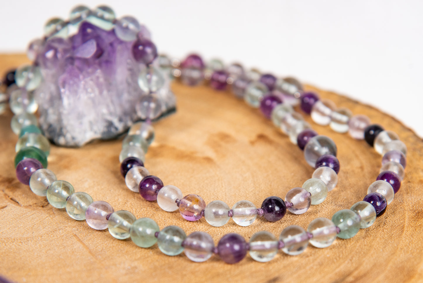 Mala per meditare 108 perle in Fluorite, Pietra Guru Ametista, Argento 925