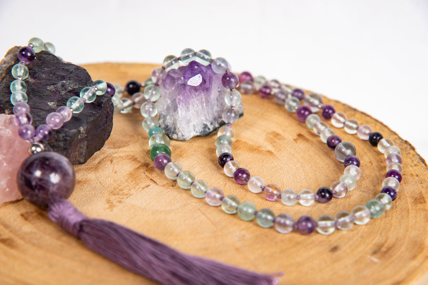 Mala per meditare 108 perle in Fluorite, Pietra Guru Ametista, Argento 925