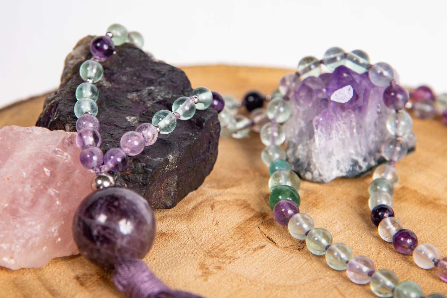 Mala per meditare 108 perle in Fluorite, Pietra Guru Ametista, Argento 925