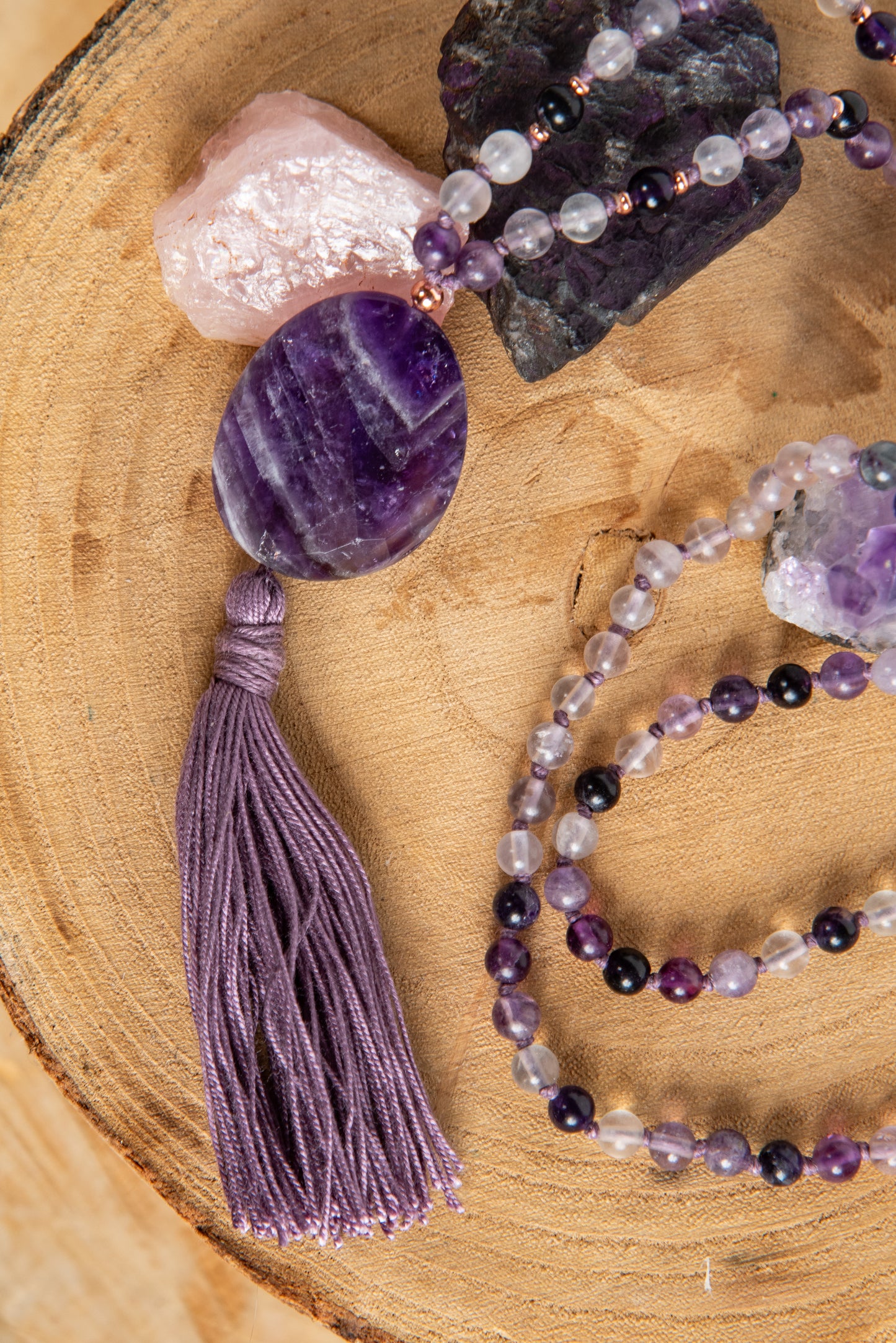 Mala per meditare 108 perle in Fluorite viola, Pietra Guru Ametista striata, Rame