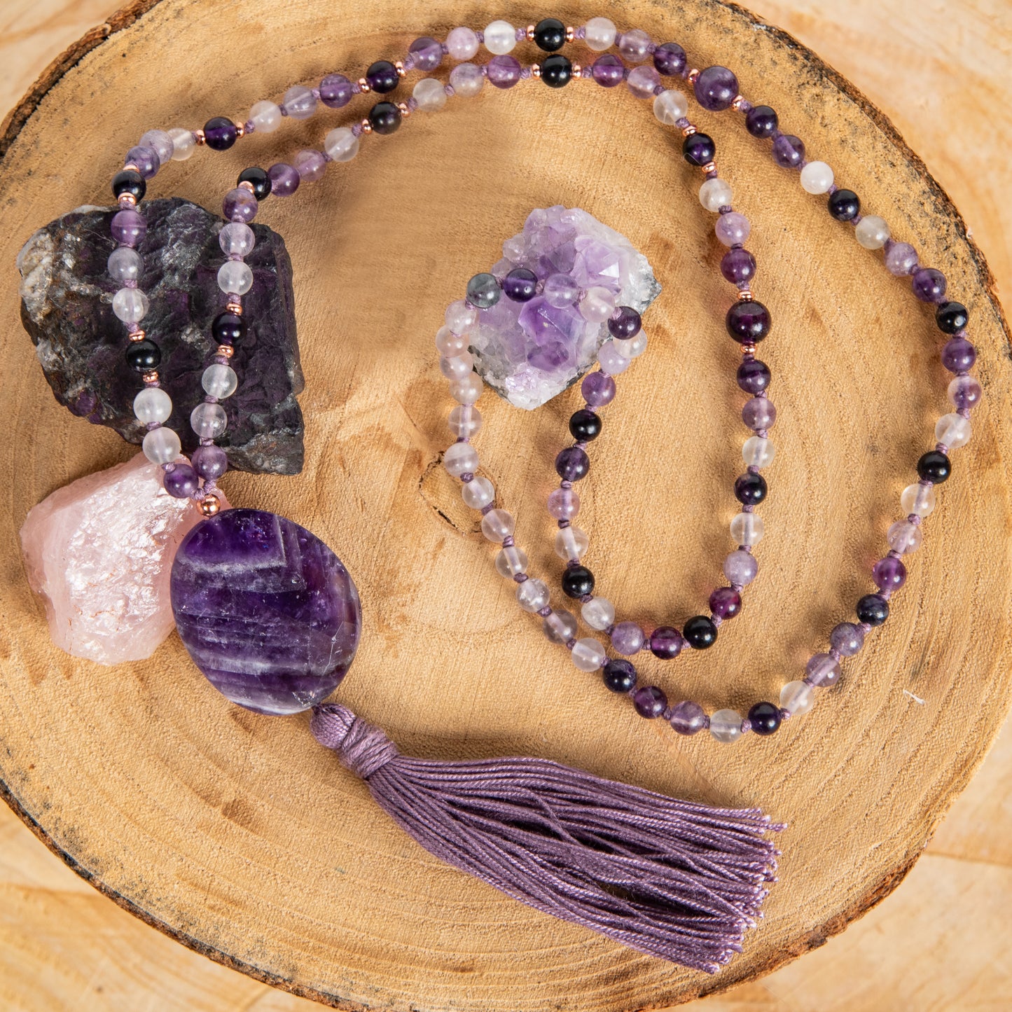 Mala per meditare 108 perle in Fluorite viola, Pietra Guru Ametista striata, Rame
