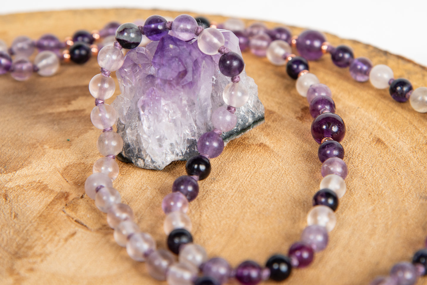 Mala per meditare 108 perle in Fluorite viola, Pietra Guru Ametista striata, Rame