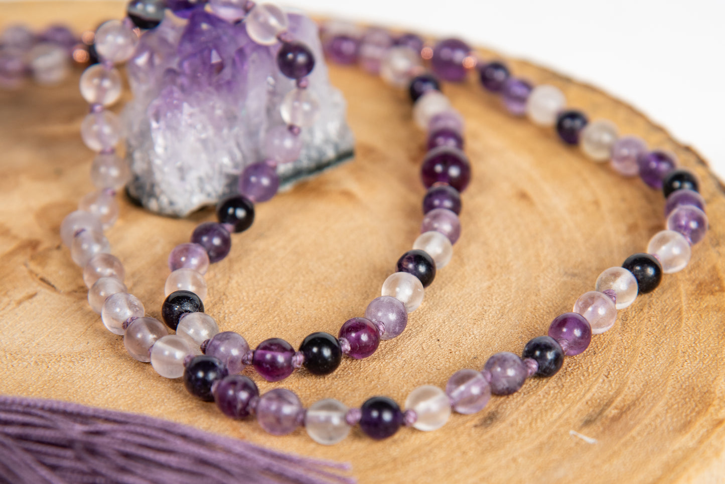 Mala per meditare 108 perle in Fluorite viola, Pietra Guru Ametista striata, Rame