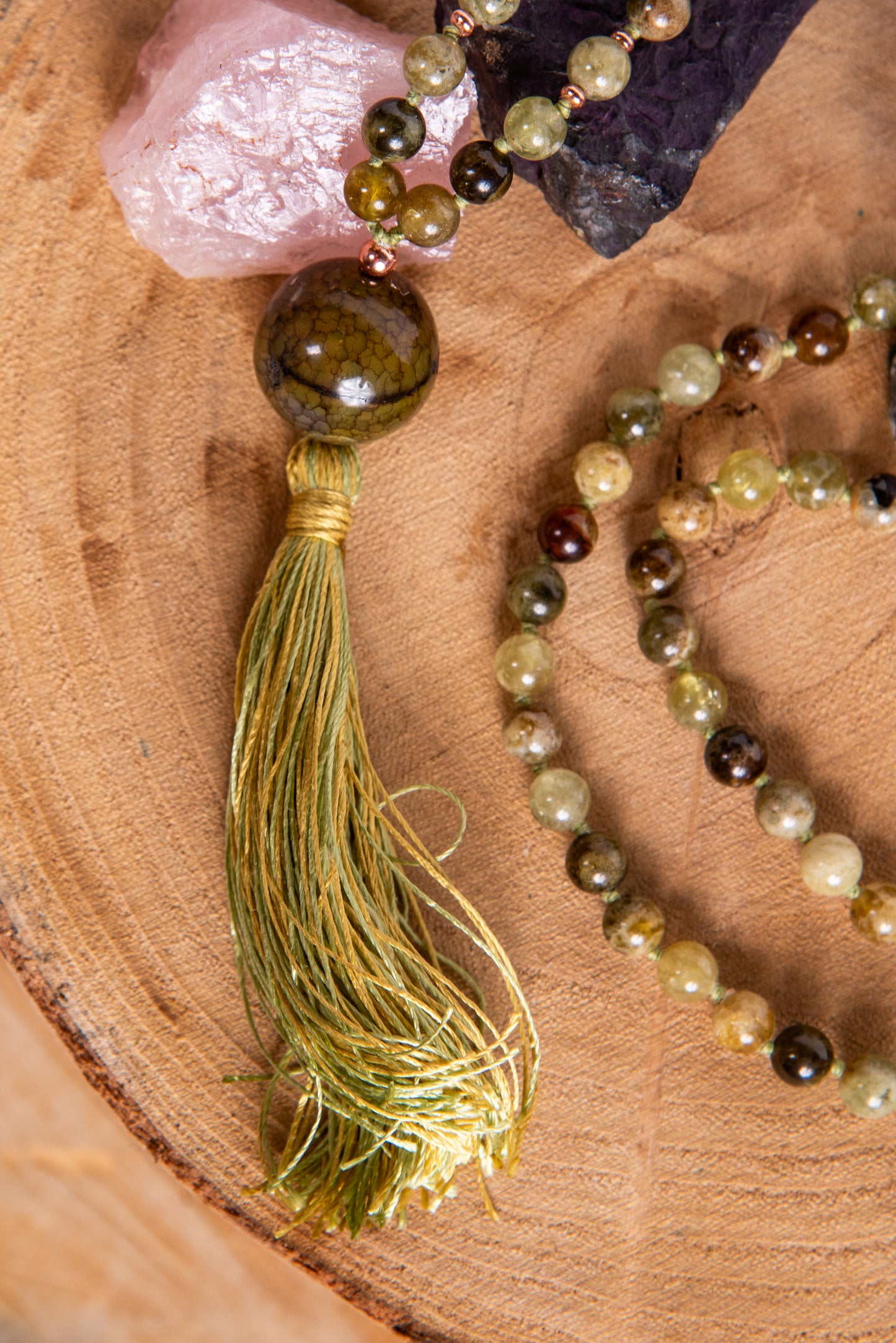 Mala in Pietra serpentina nobile, Pietra Guru Agata, Rame