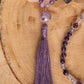 Mala per meditare 108 perle in Fluorite viola, Ametista lavanda, Pietra Guru Ametista, rame