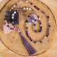 Mala per meditare 108 perle in Fluorite viola, Ametista lavanda, Pietra Guru Ametista, rame