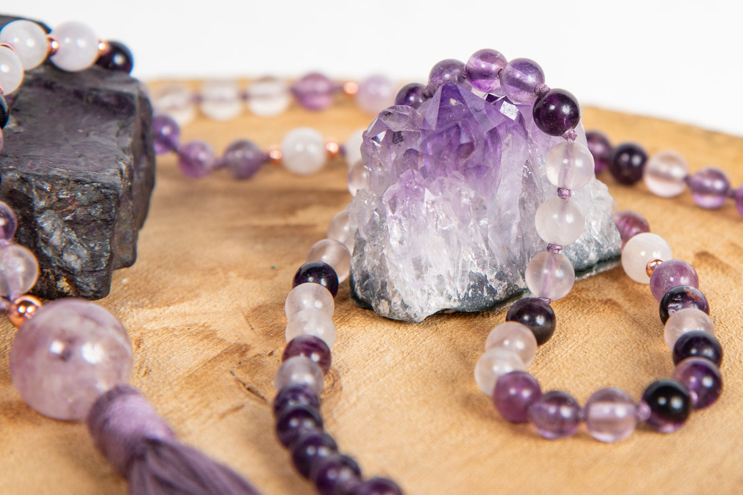 Mala per meditare 108 perle in Fluorite viola, Ametista lavanda, Pietra Guru Ametista, rame