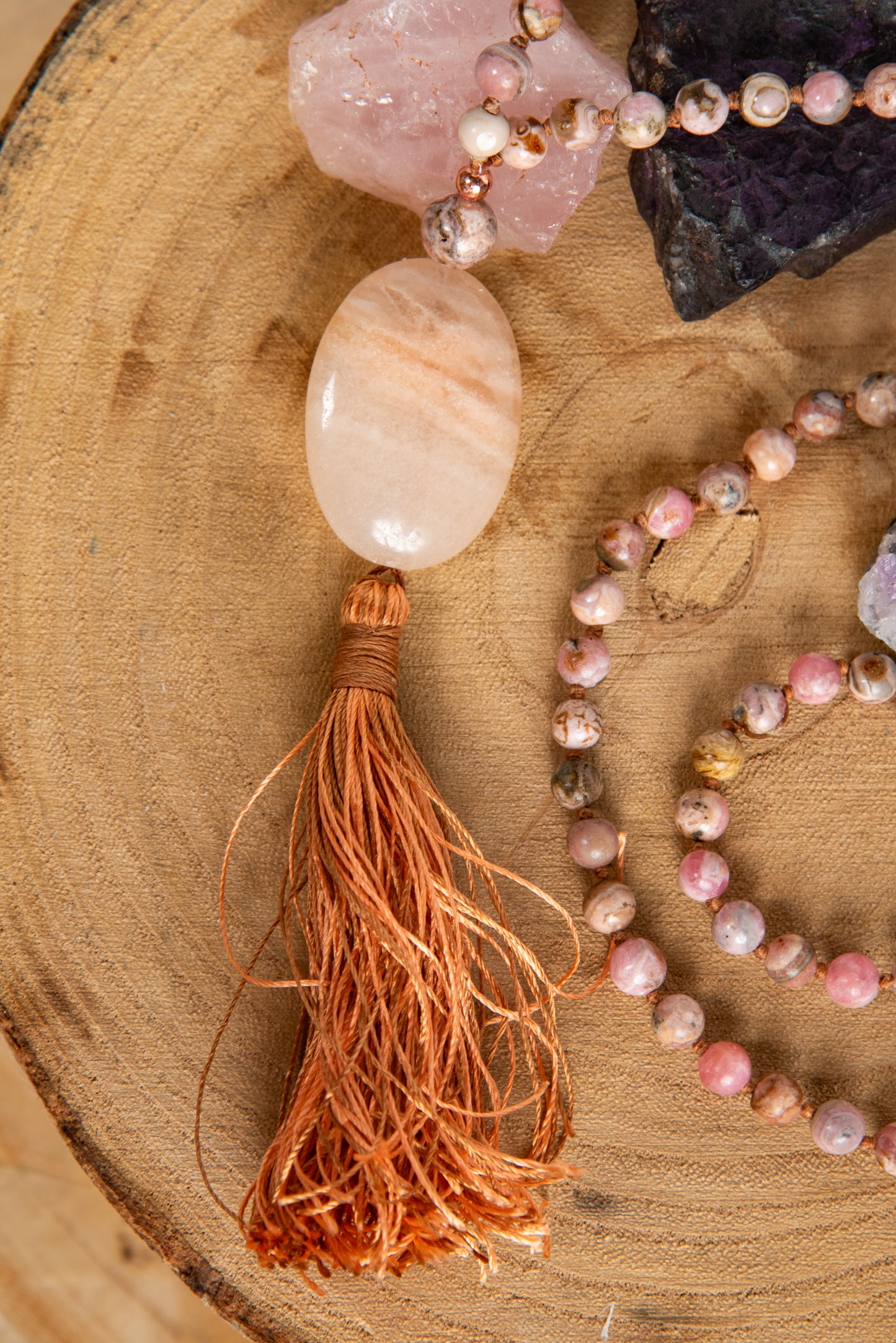 Mala artigianale con pietre naturali di Rodocrosite, Pietra Guru Calcite, Rame