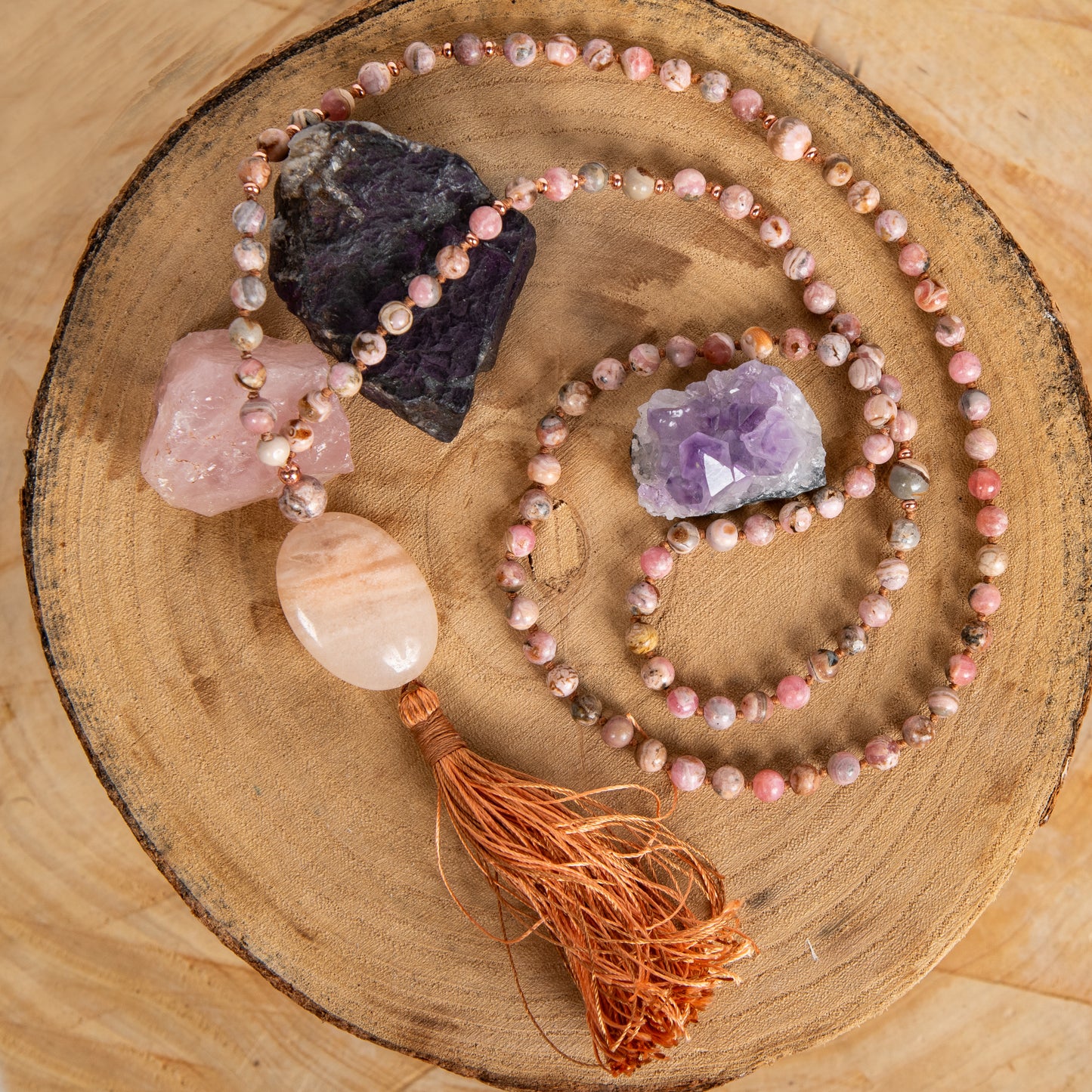 Mala artigianale con pietre naturali di Rodocrosite, Pietra Guru Calcite, Rame