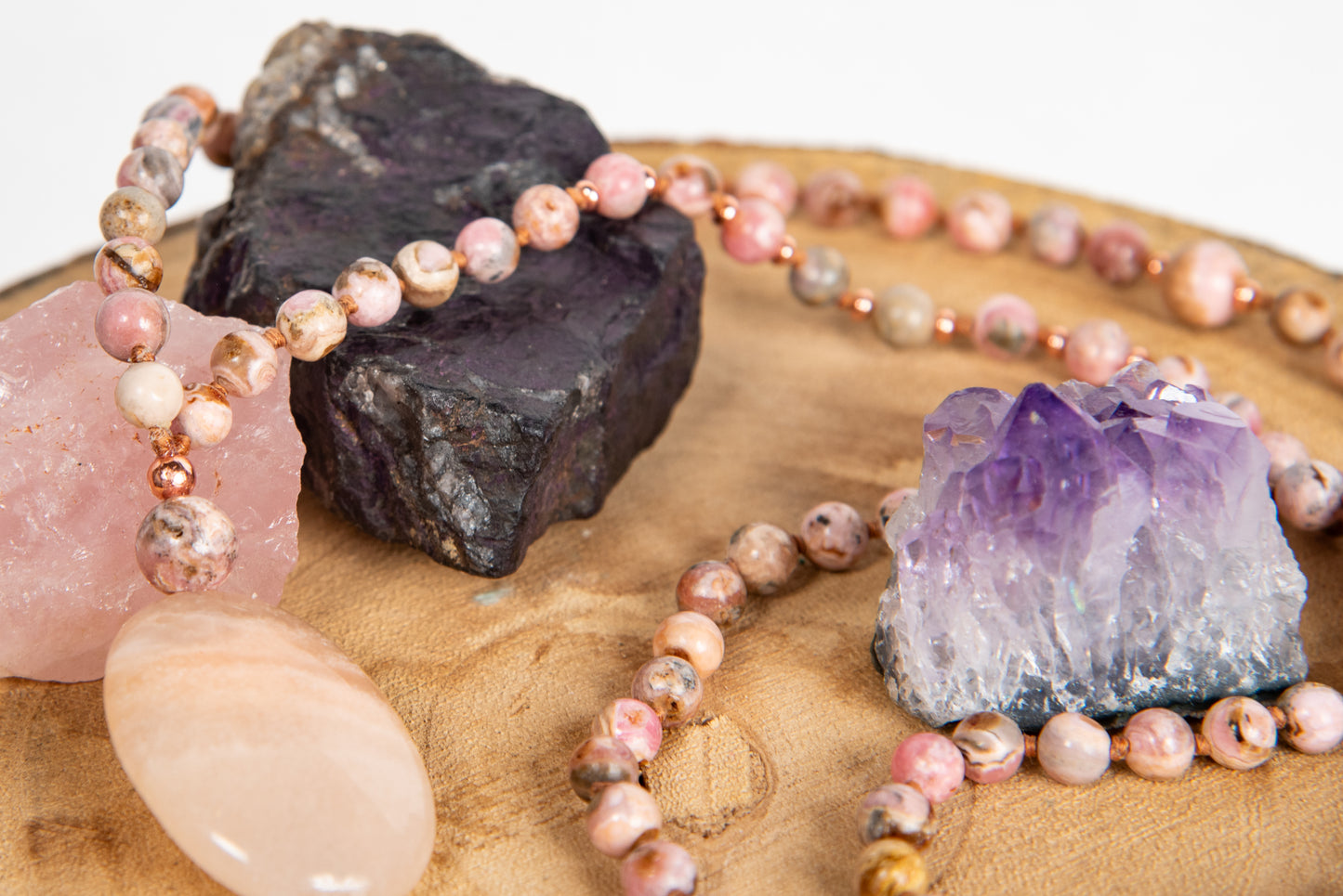 Mala artigianale con pietre naturali di Rodocrosite, Pietra Guru Calcite, Rame