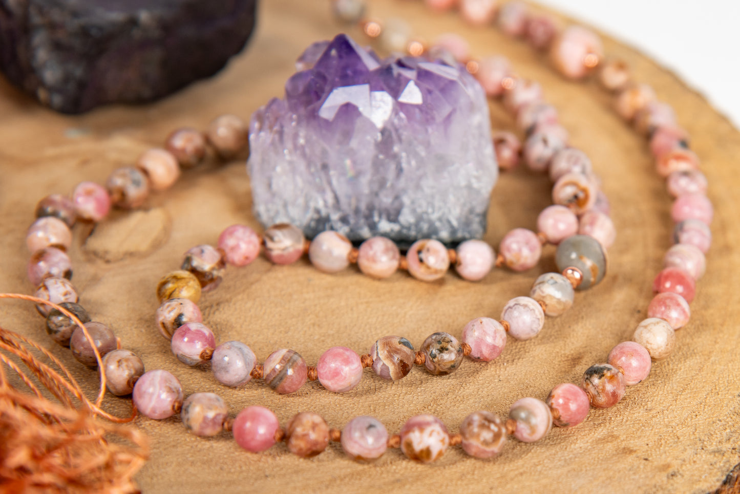 Mala artigianale con pietre naturali di Rodocrosite, Pietra Guru Calcite, Rame