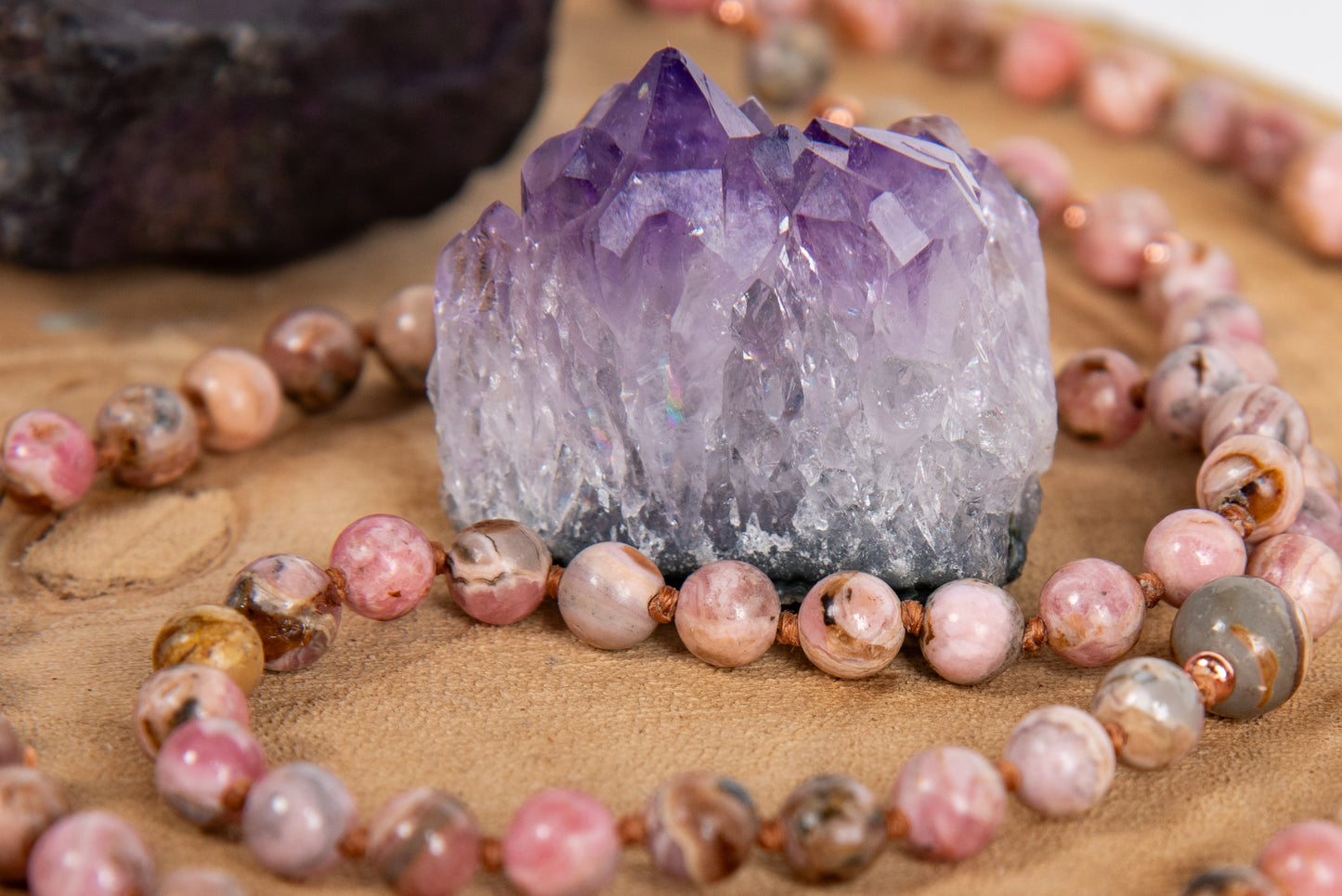 Mala artigianale con pietre naturali di Rodocrosite, Pietra Guru Calcite, Rame