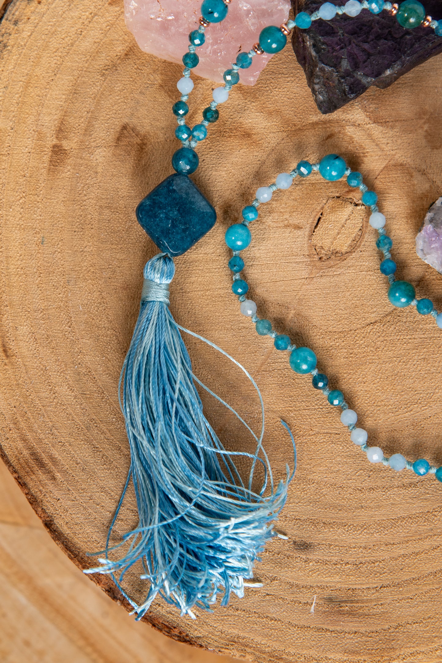 Mala collana 108 perle di Acquamarina e Apatite, Pietra Guru Apatite, Rame