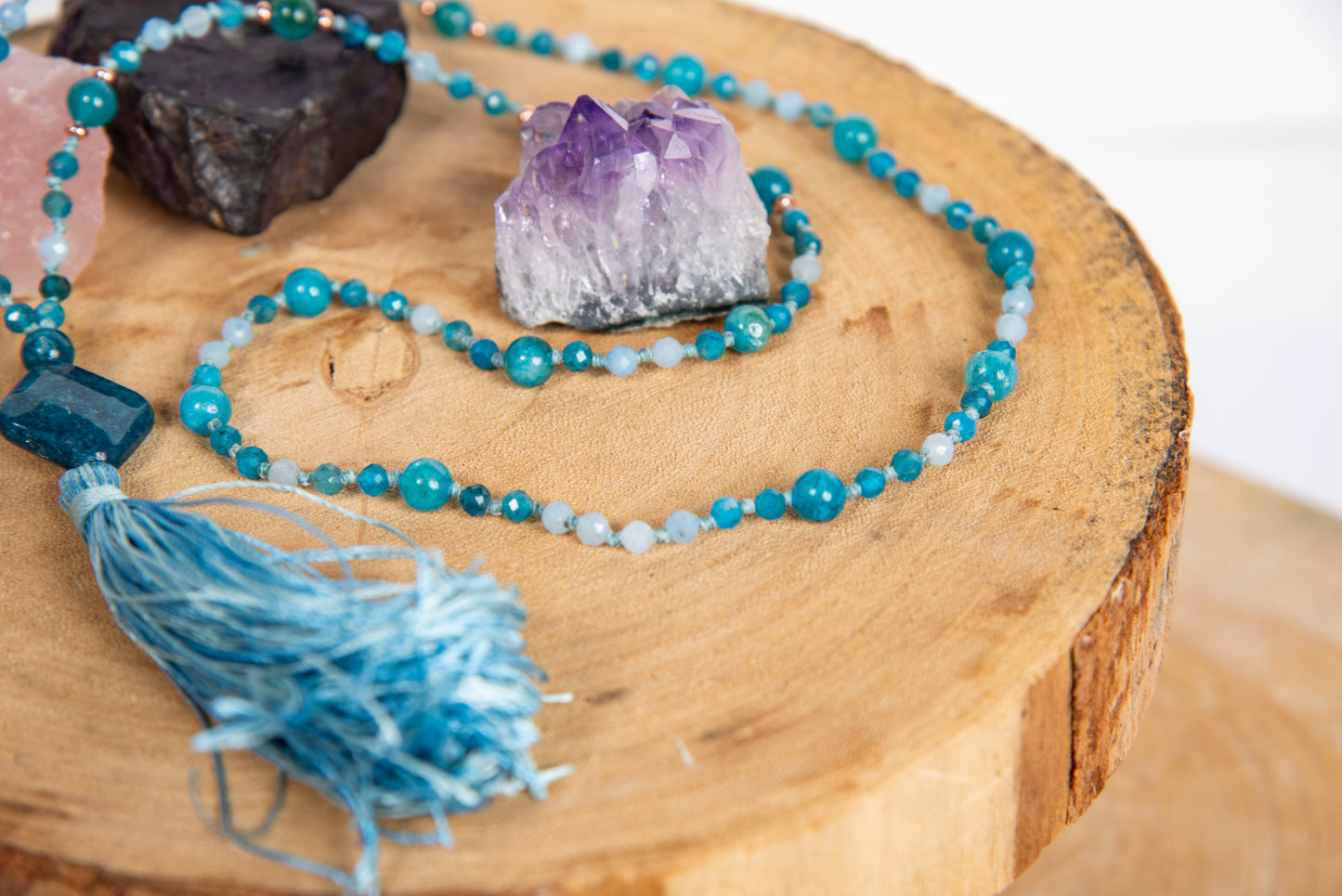 Mala collana 108 perle di Acquamarina e Apatite, Pietra Guru Apatite, Rame