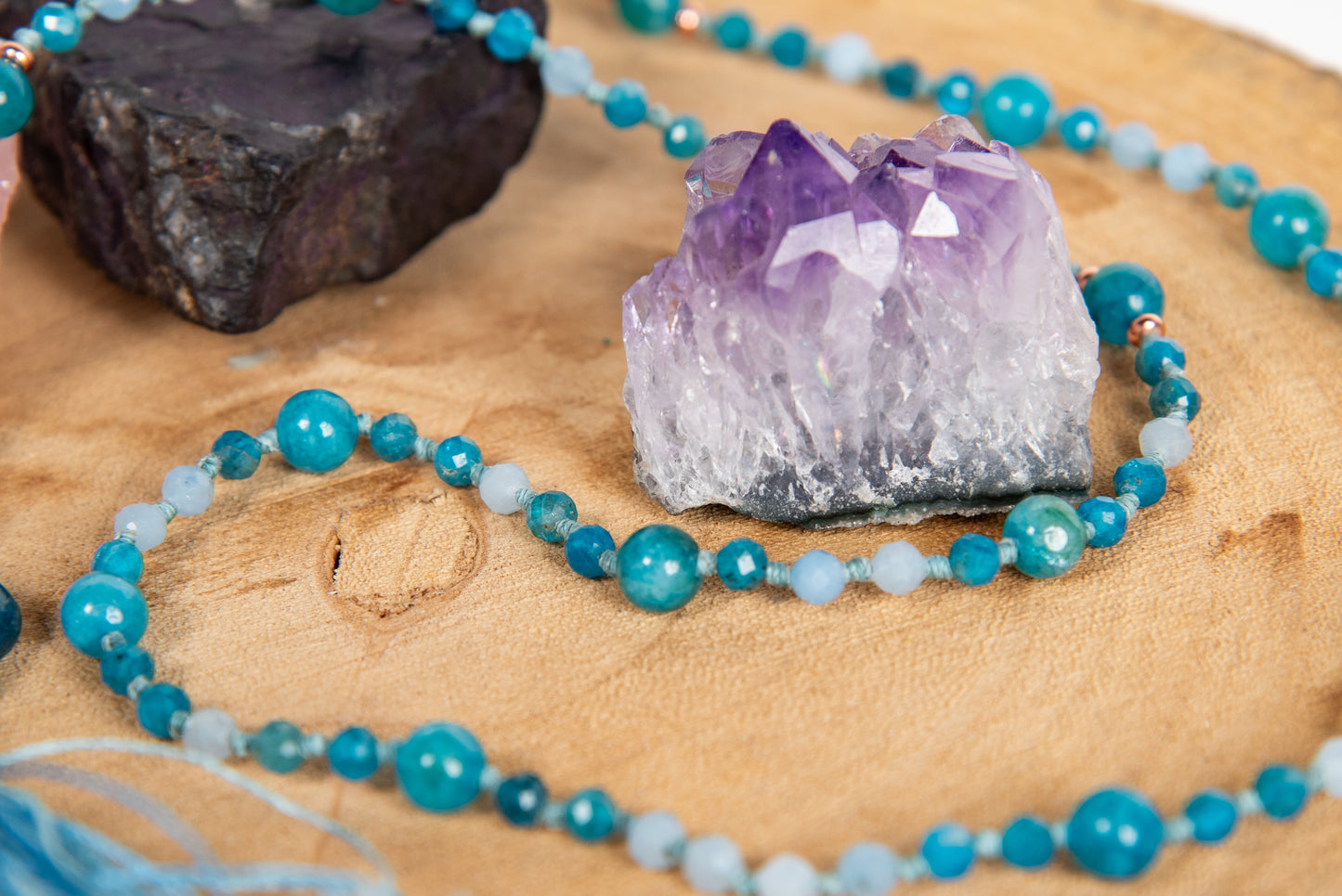 Mala collana 108 perle di Acquamarina e Apatite, Pietra Guru Apatite, Rame