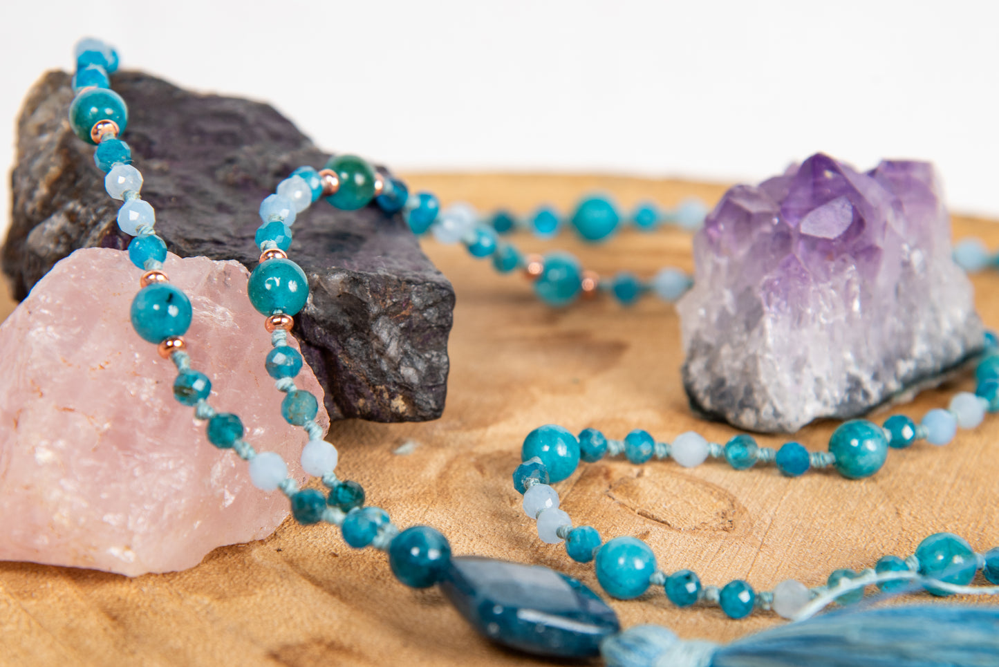 Mala collana 108 perle di Acquamarina e Apatite, Pietra Guru Apatite, Rame