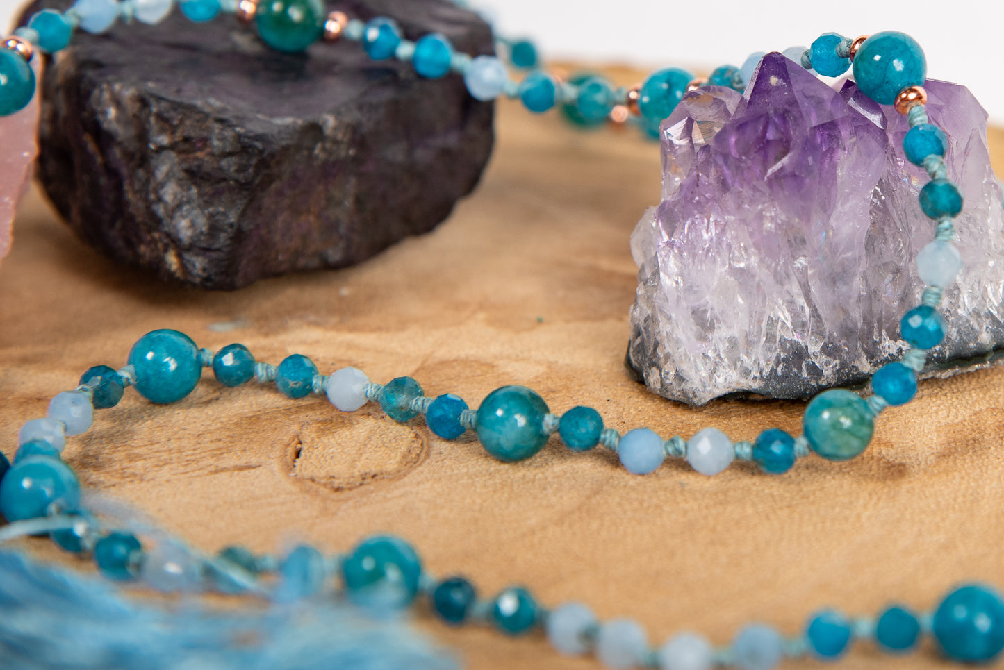 Mala collana 108 perle di Acquamarina e Apatite, Pietra Guru Apatite, Rame