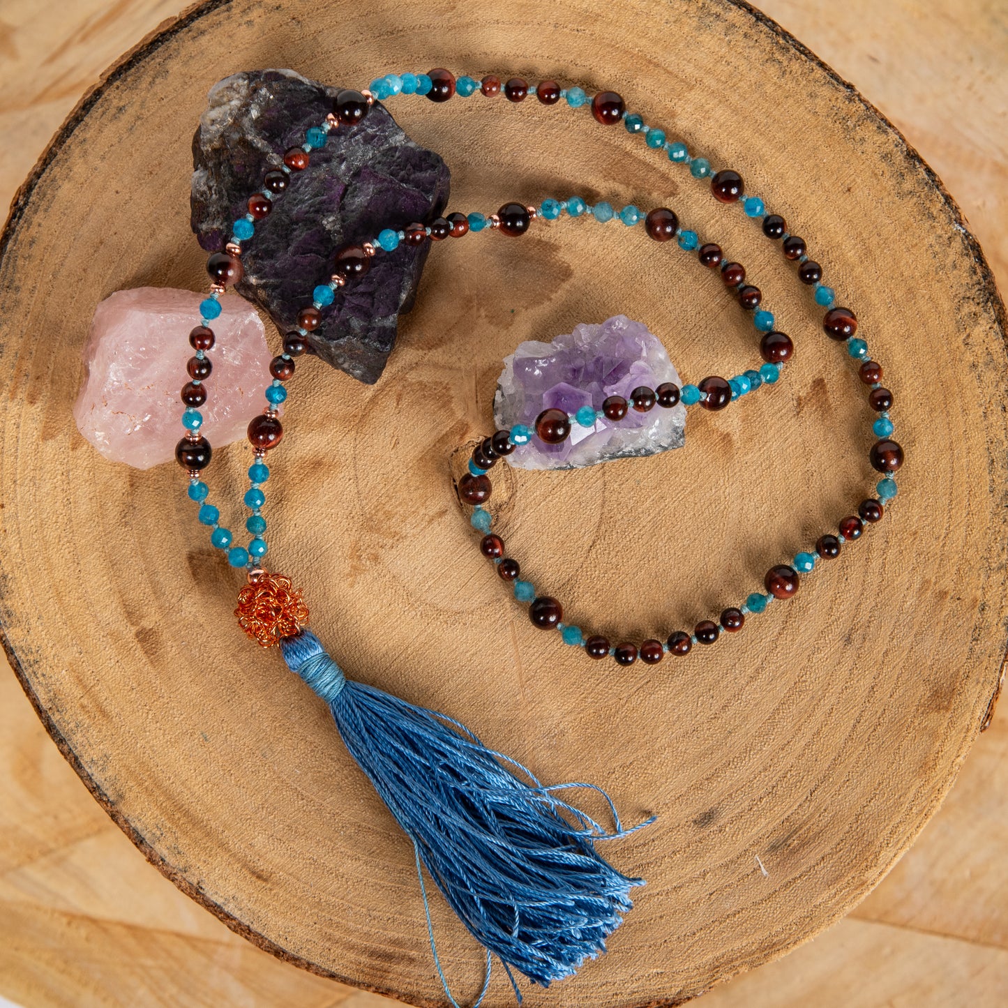 Mala collana 108 perle di Apatite, Occhio di bue, Perla Guru Rame