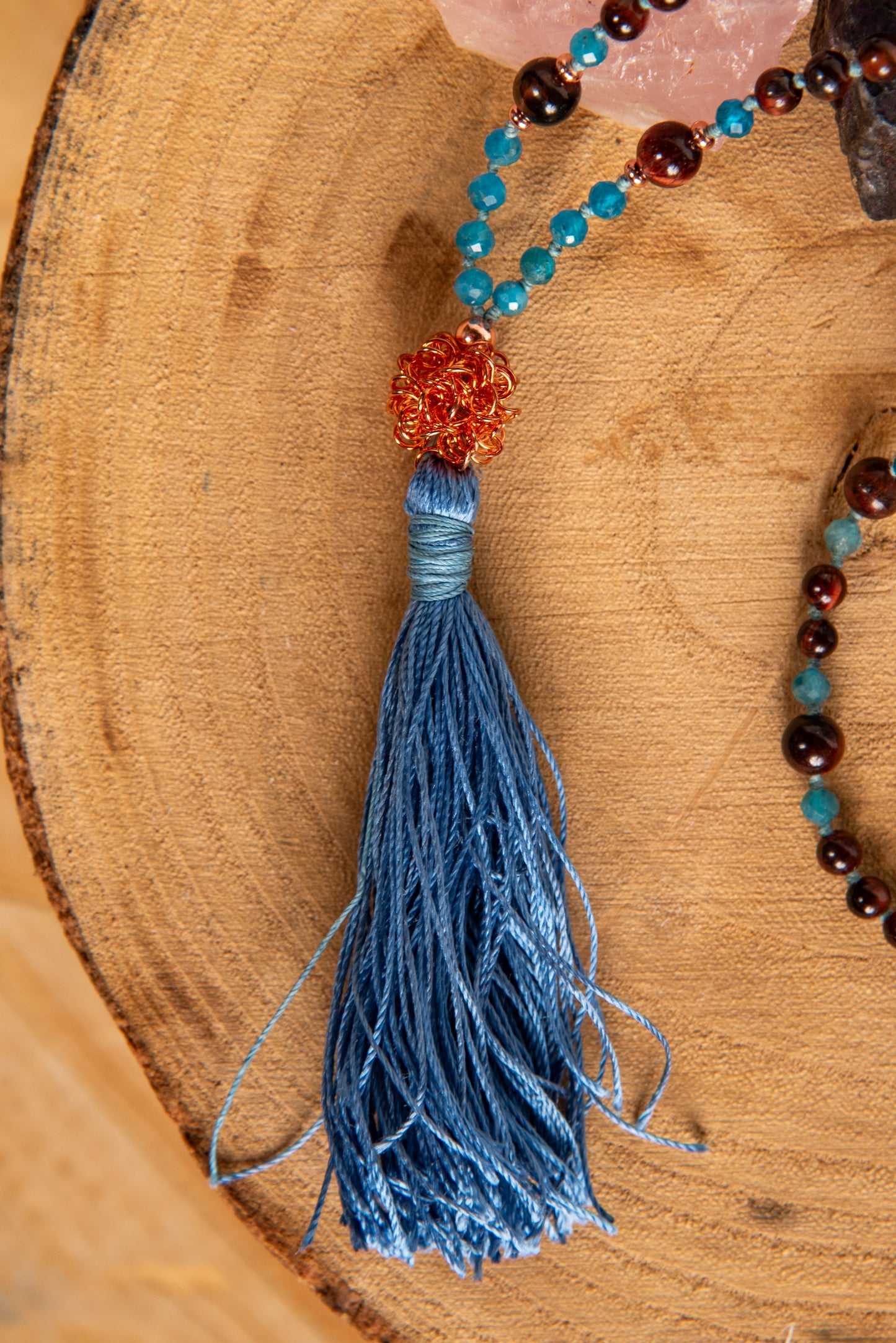 Mala collana 108 perle di Apatite, Occhio di bue, Perla Guru Rame