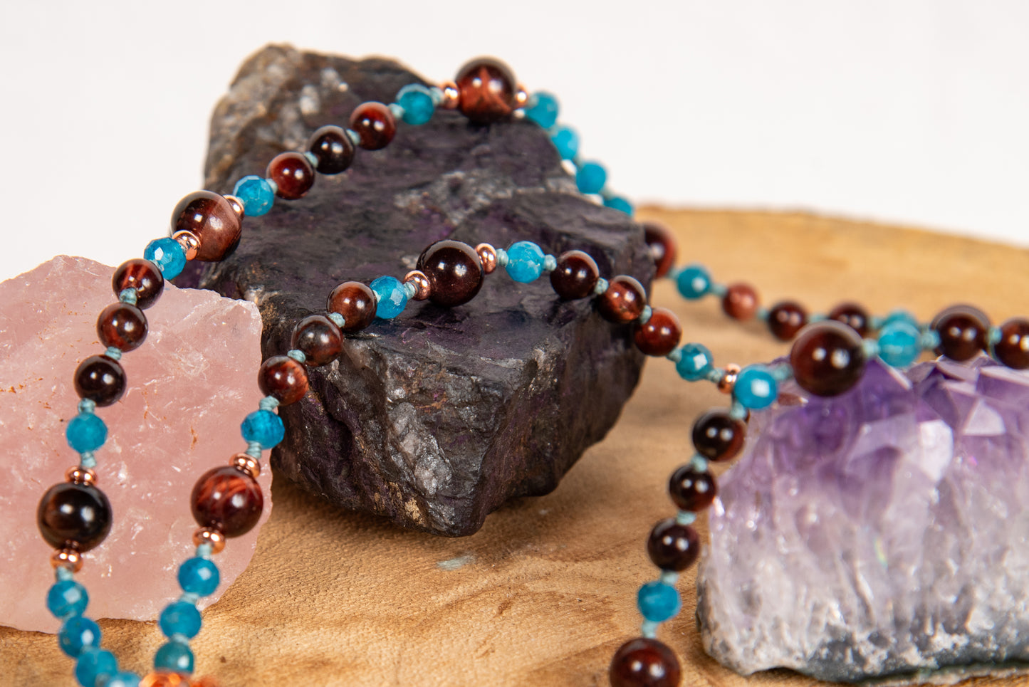 Mala collana 108 perle di Apatite, Occhio di bue, Perla Guru Rame