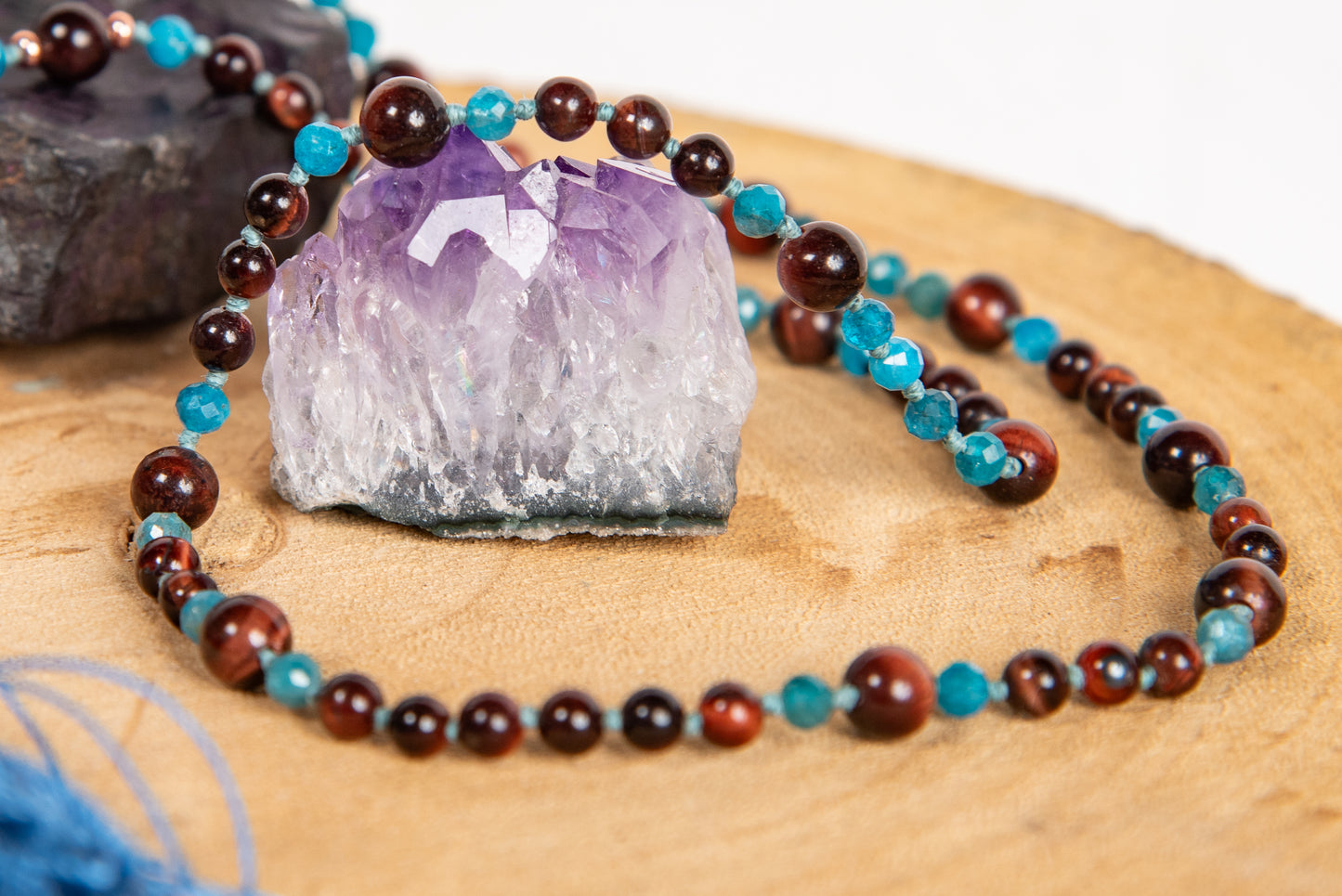 Mala collana 108 perle di Apatite, Occhio di bue, Perla Guru Rame