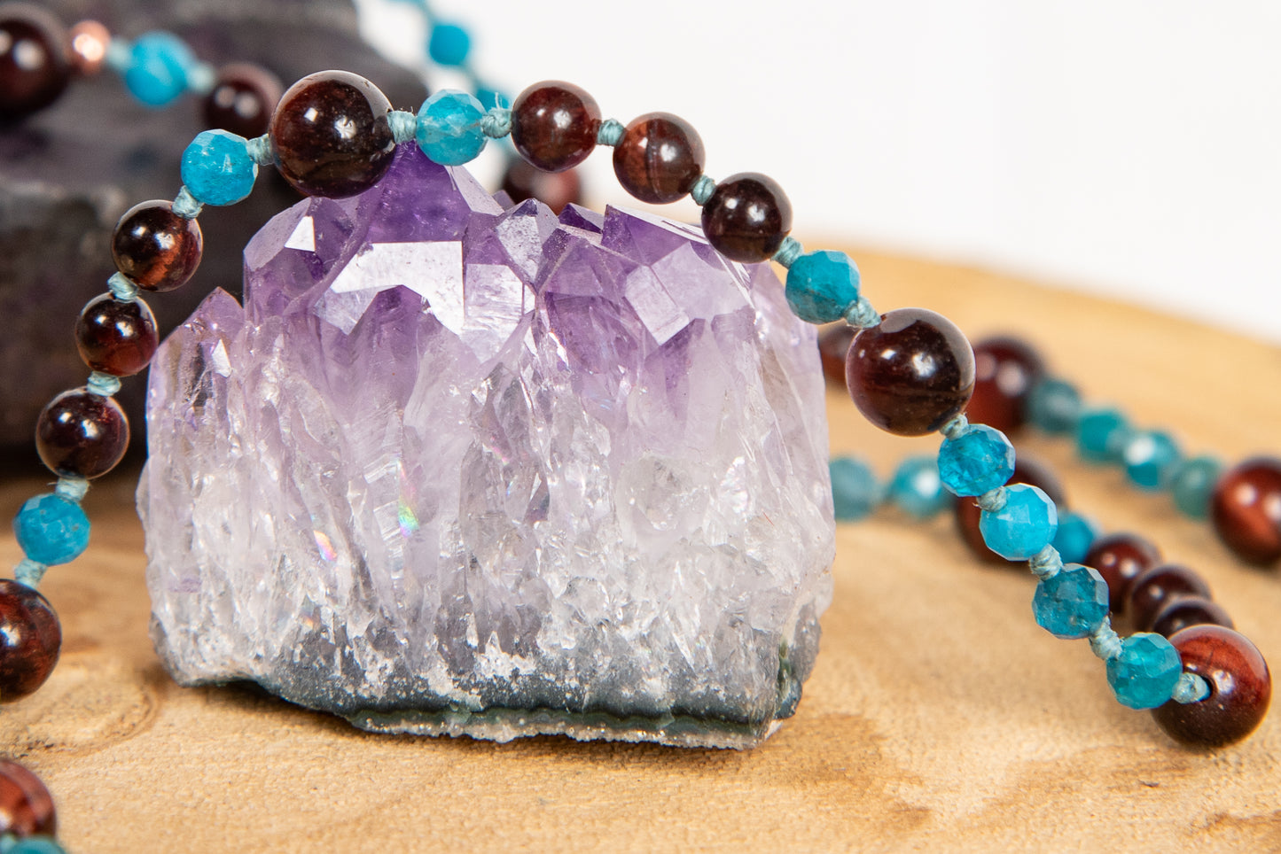 Mala collana 108 perle di Apatite, Occhio di bue, Perla Guru Rame