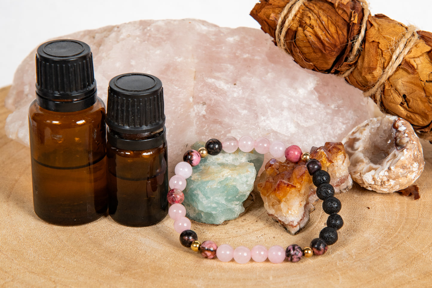 Quarzo rosa, rodonite pizzo, lava, argento dorato 925