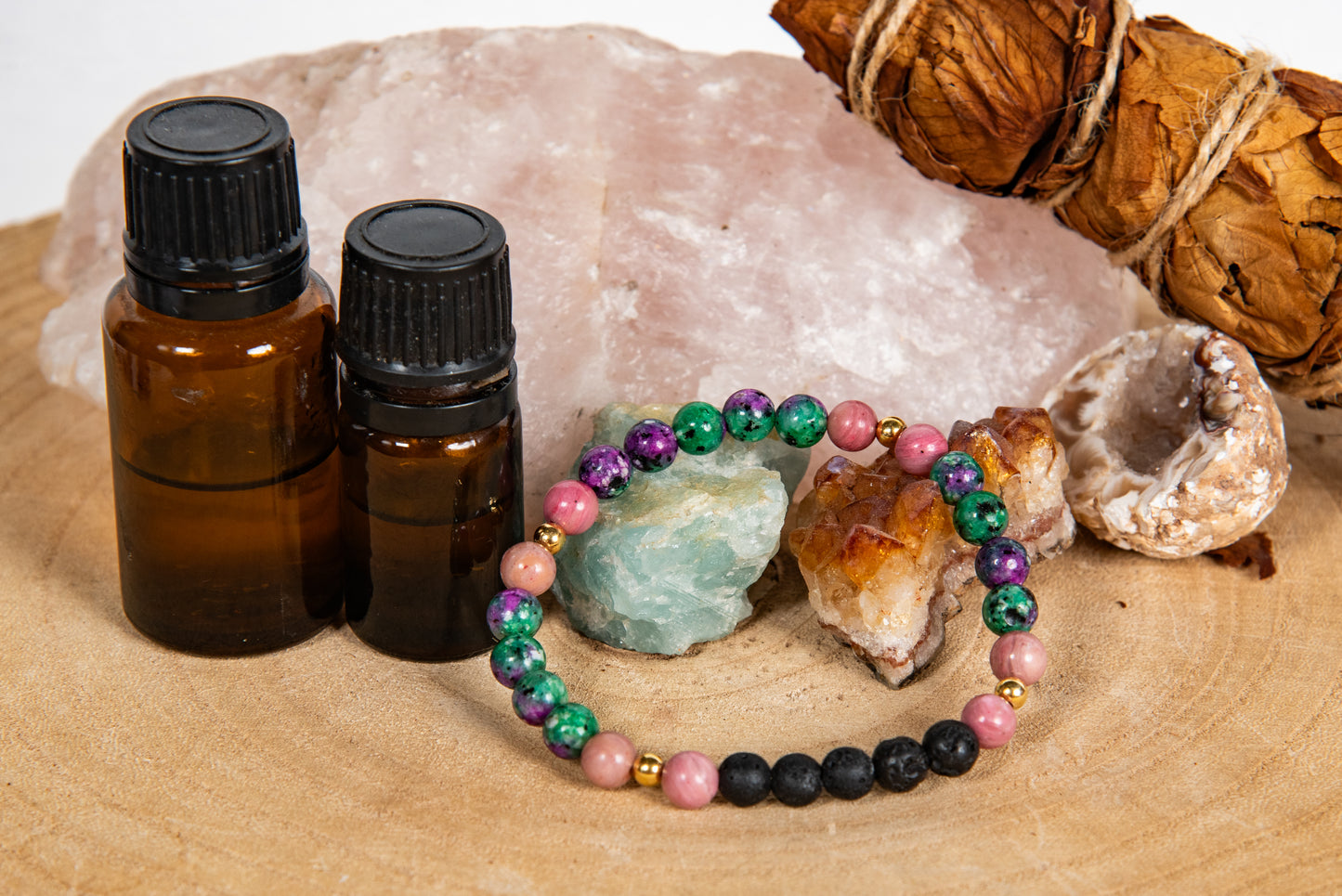 Zoisite, rodonite, lava, argento dorato 925