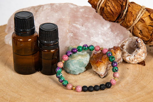 Zoisite, rodonite, lava, argento dorato 925