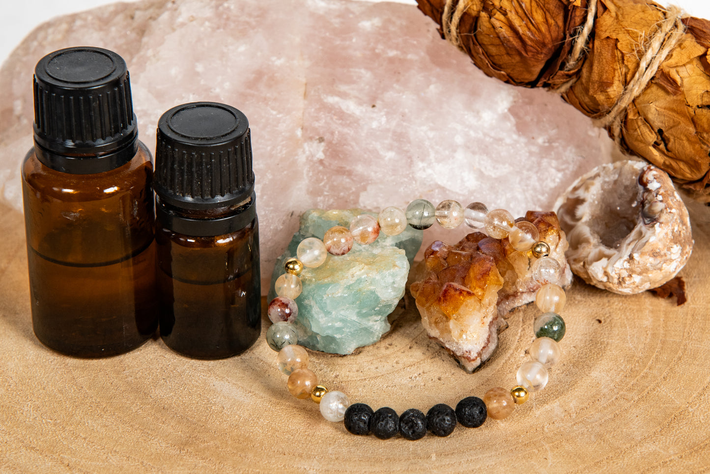 Prehnite, quarzo citrino, quarzo ematoide, lava, argento dorato 925