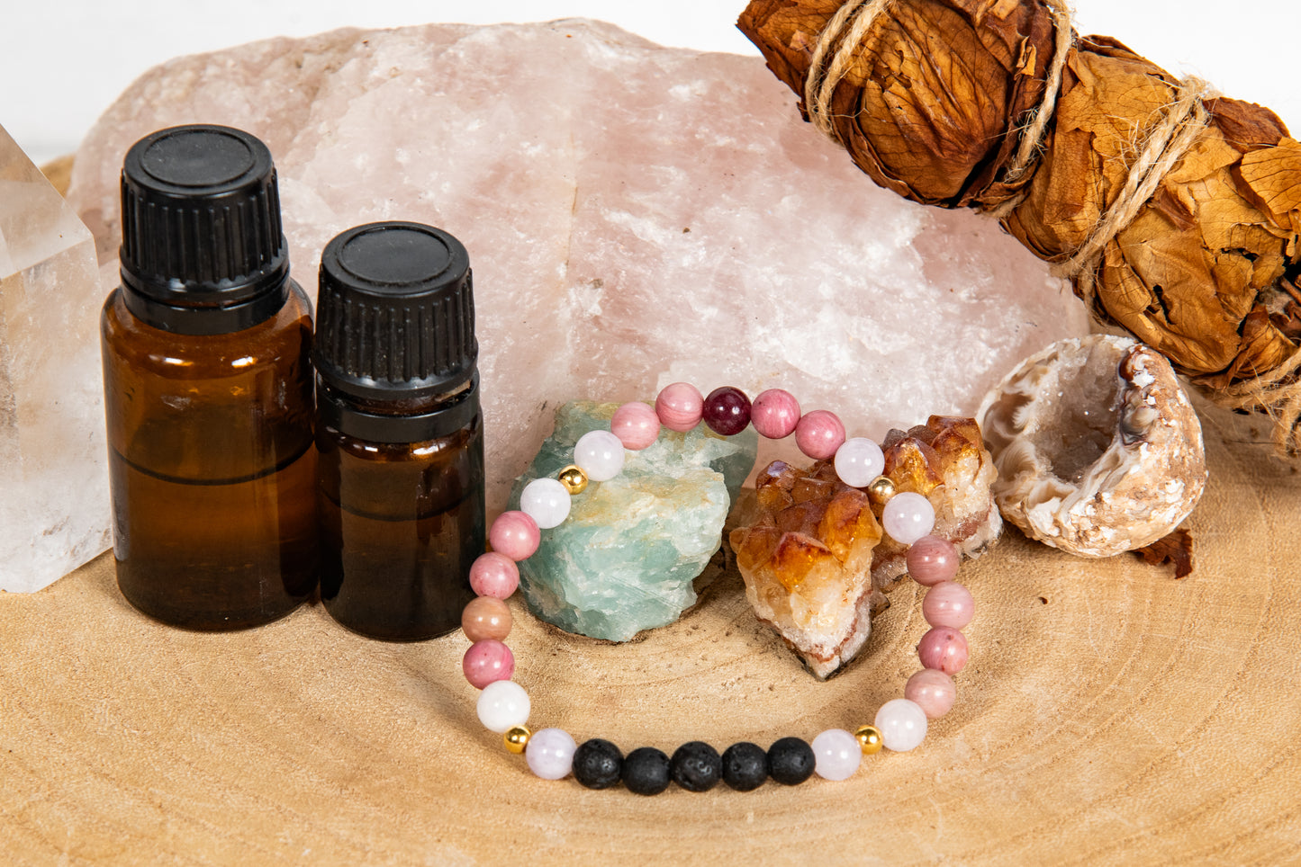 Rodonite, tormalina rosa, ametista lavanda, lava, argento dorato 925