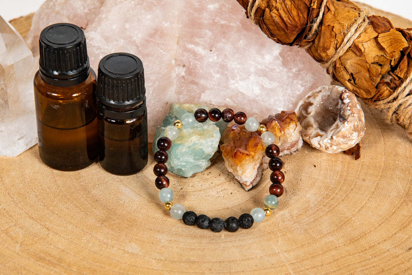 Calcite blu, occhio di bue, lava, argento dorato 925