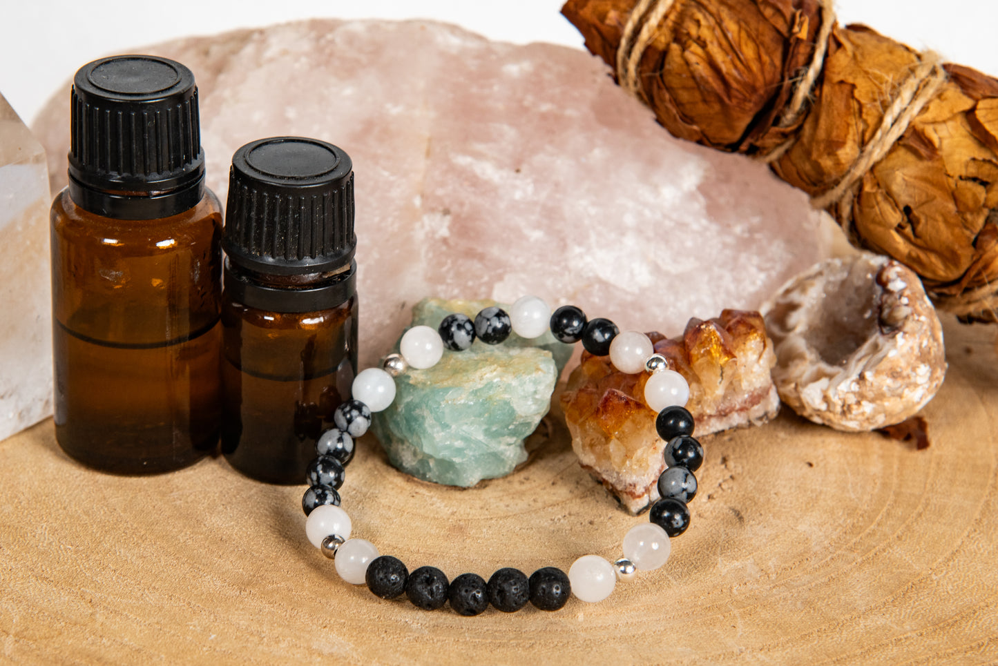 Ossidiana fiocco di neve, labradorite bianca, lava, argento 925