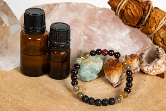 Granato, tormalina rosa, labradorite, lava, argento dorato 925