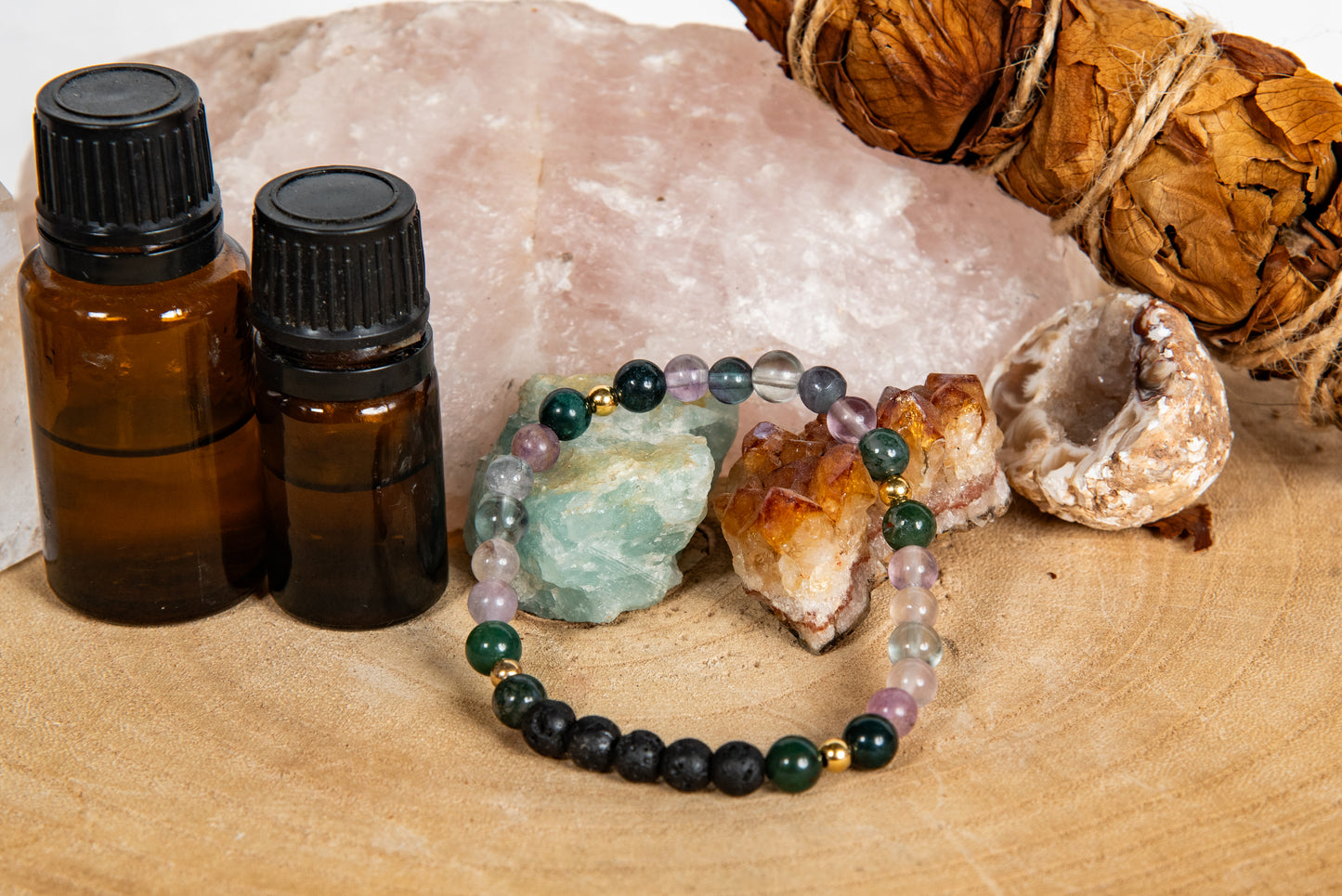 Fluorite, agata muschiata, lava, argento dorato 925