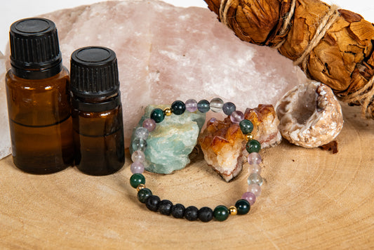 Fluorite, agata muschiata, lava, argento dorato 925