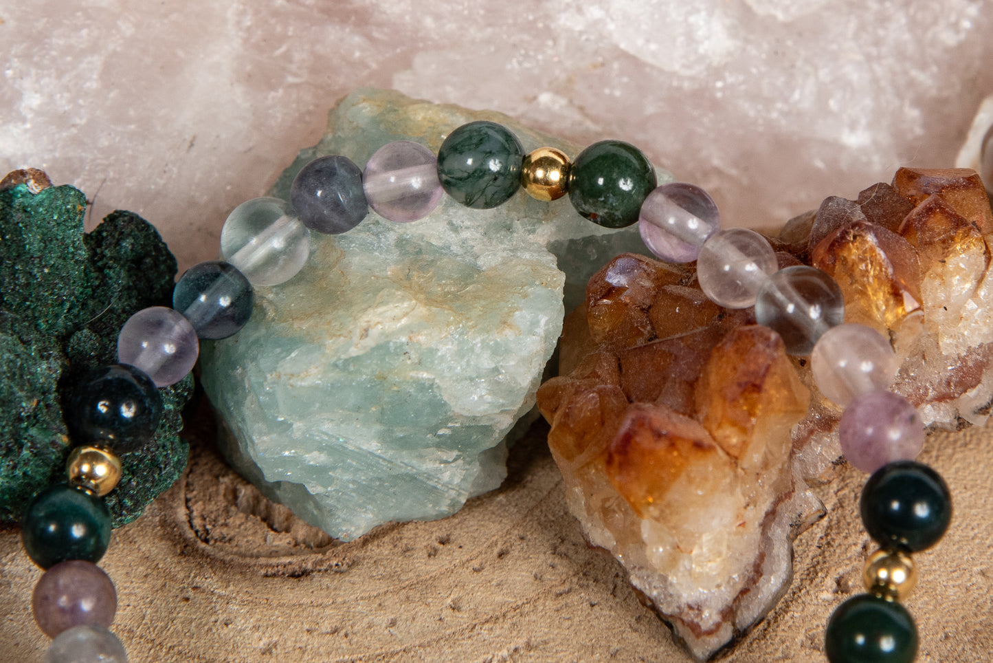 Fluorite, agata muschiata, lava, argento dorato 925