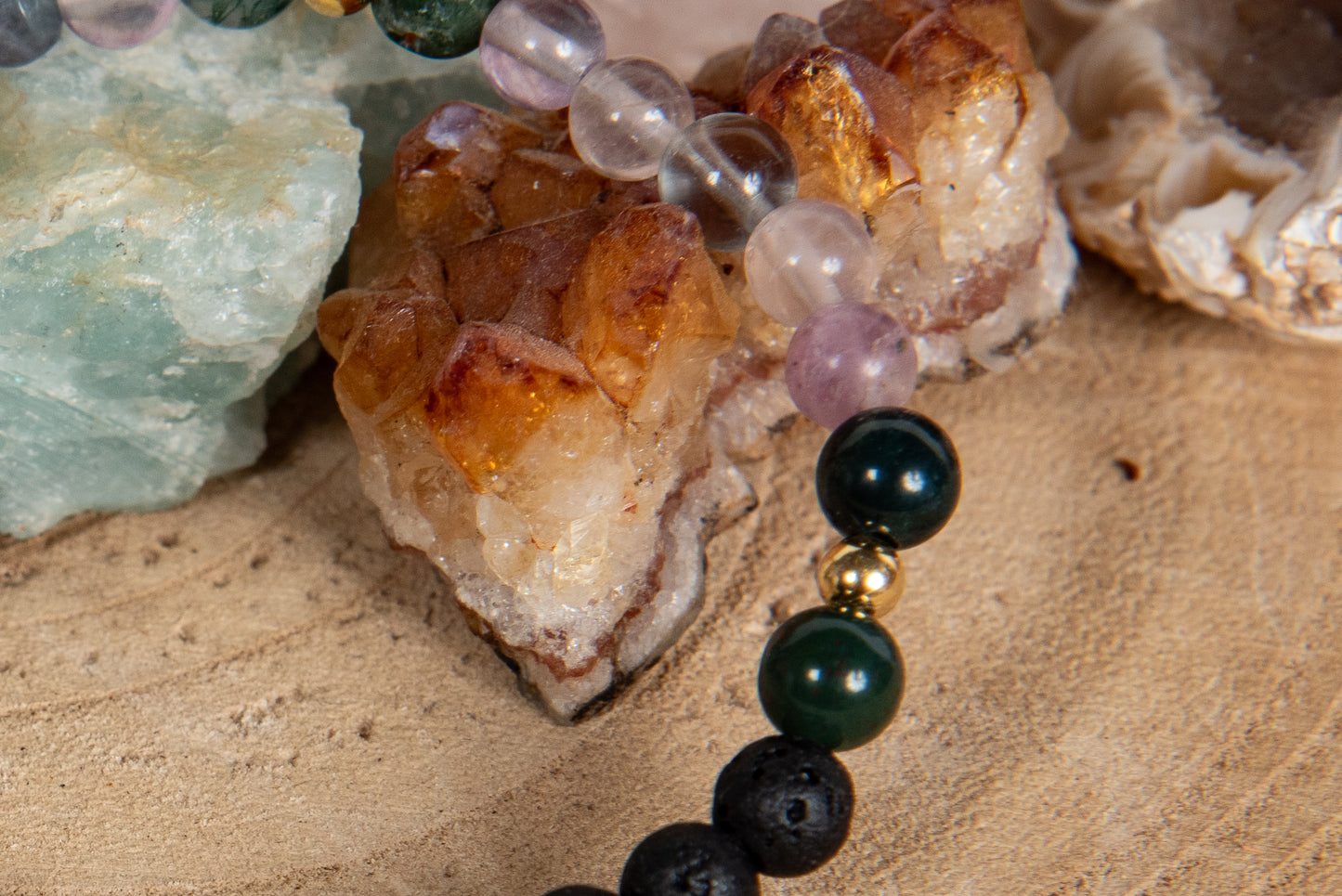 Fluorite, agata muschiata, lava, argento dorato 925