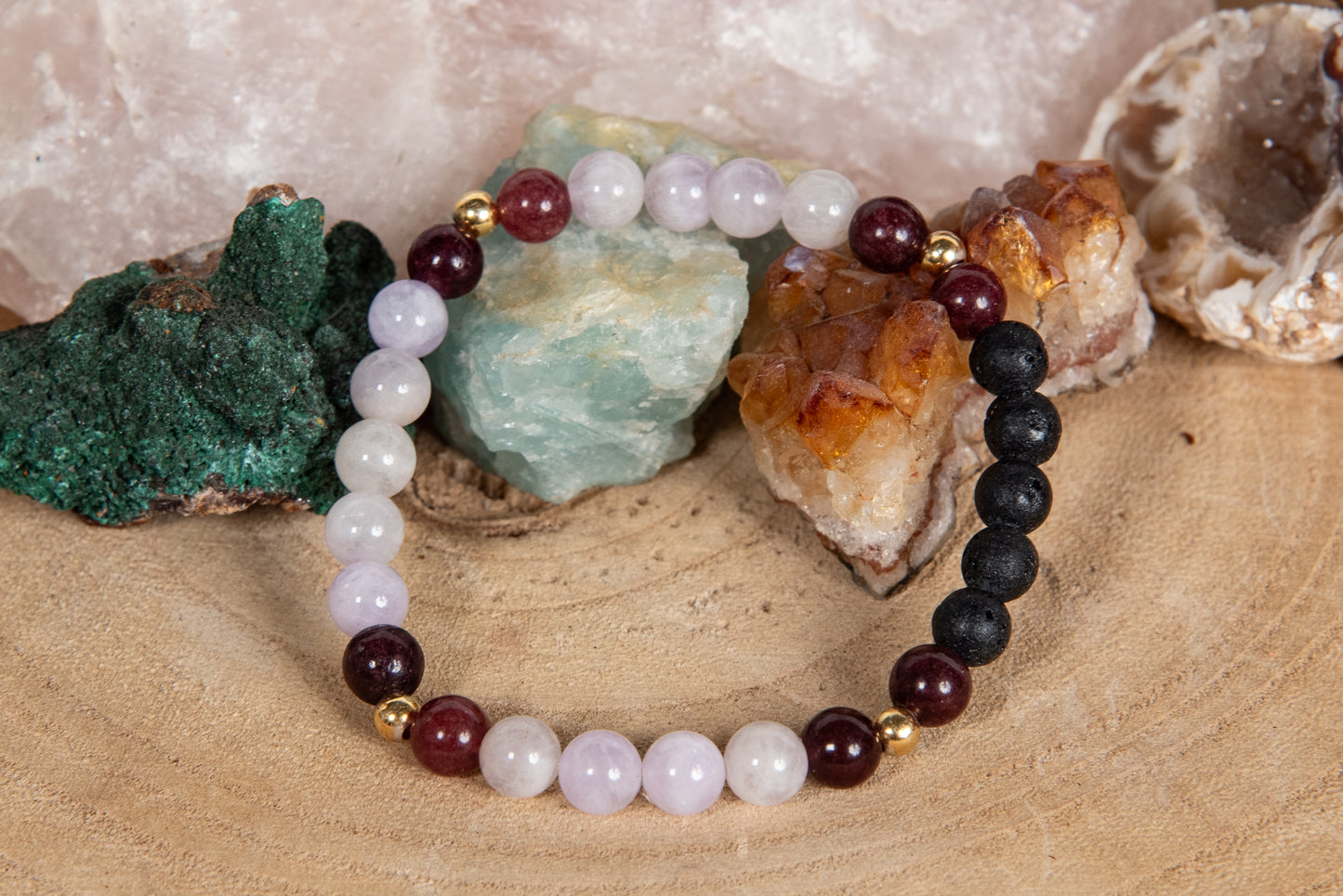 Tormalina rosa, ametista lavanda, lava, argento dorato 925