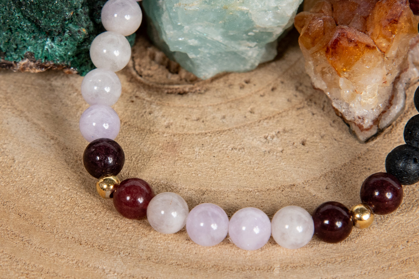 Tormalina rosa, ametista lavanda, lava, argento dorato 925