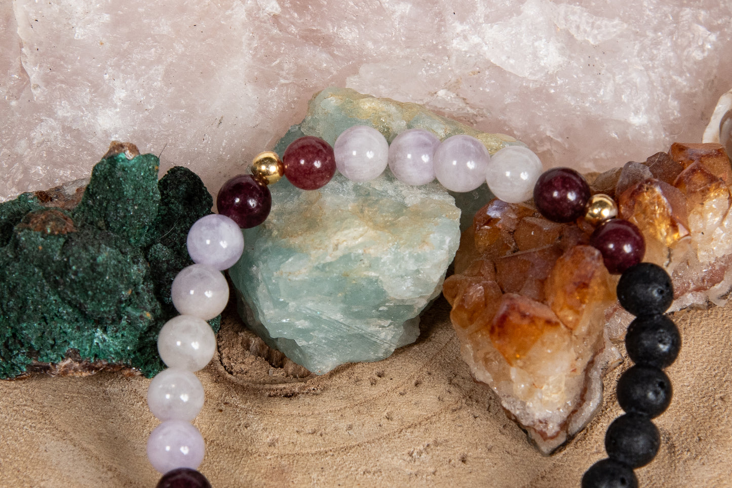 Tormalina rosa, ametista lavanda, lava, argento dorato 925