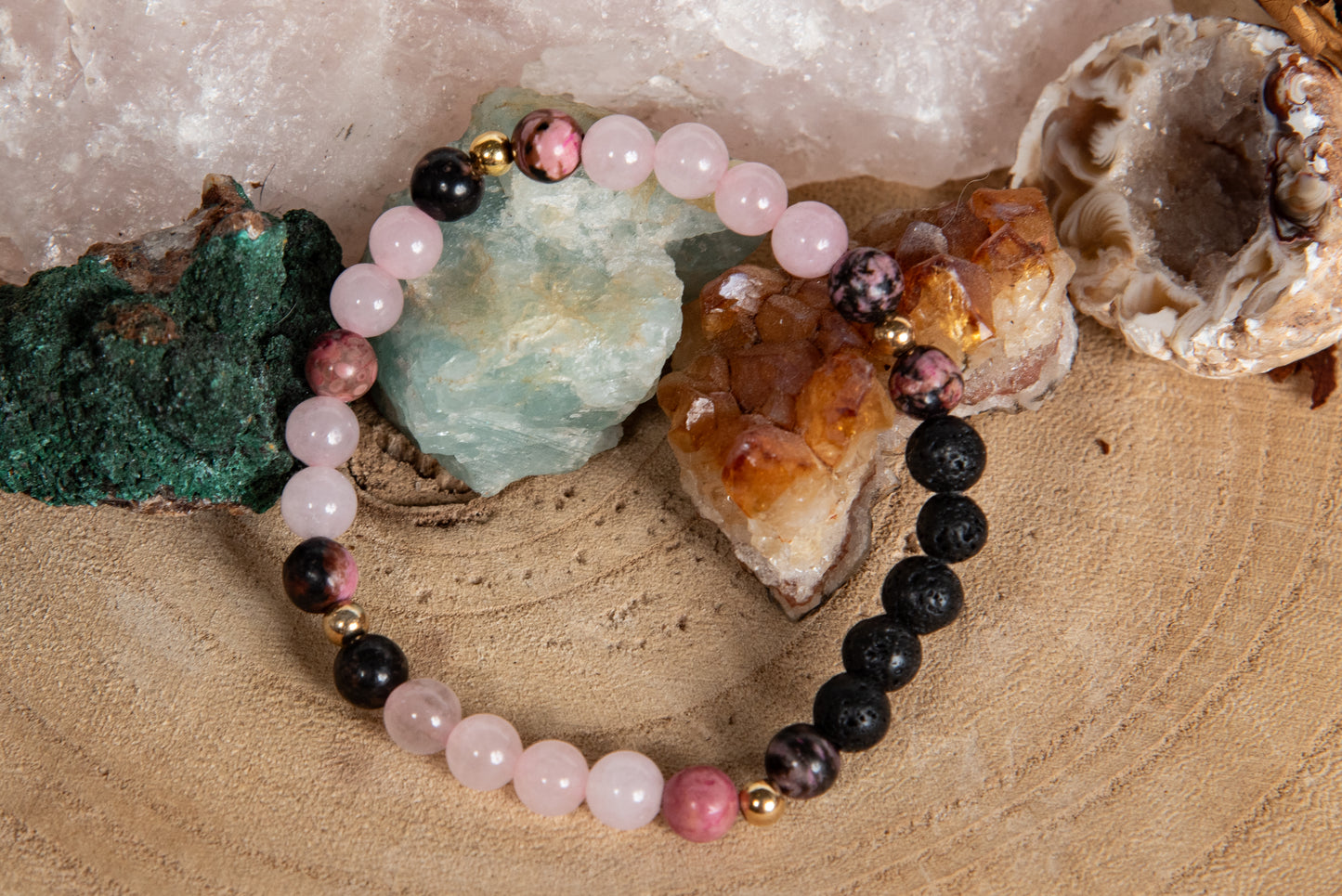 Quarzo rosa, rodonite pizzo, lava, argento dorato 925