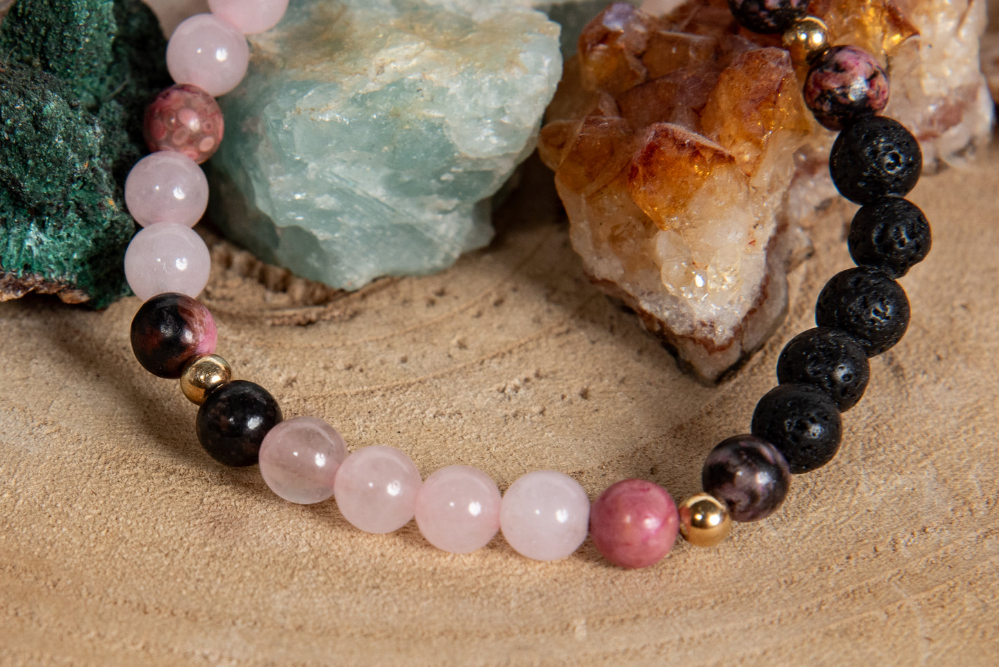 Quarzo rosa, rodonite pizzo, lava, argento dorato 925