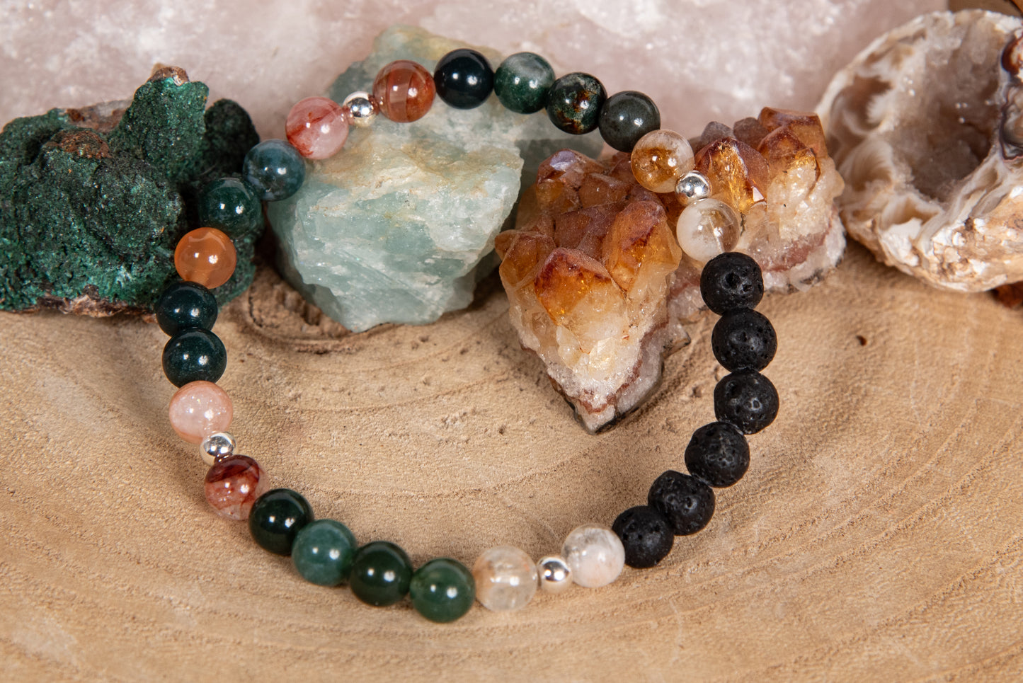 Agata muschiata, quarzo citrino, quarzo ematoide, corniola, lava, argento 925