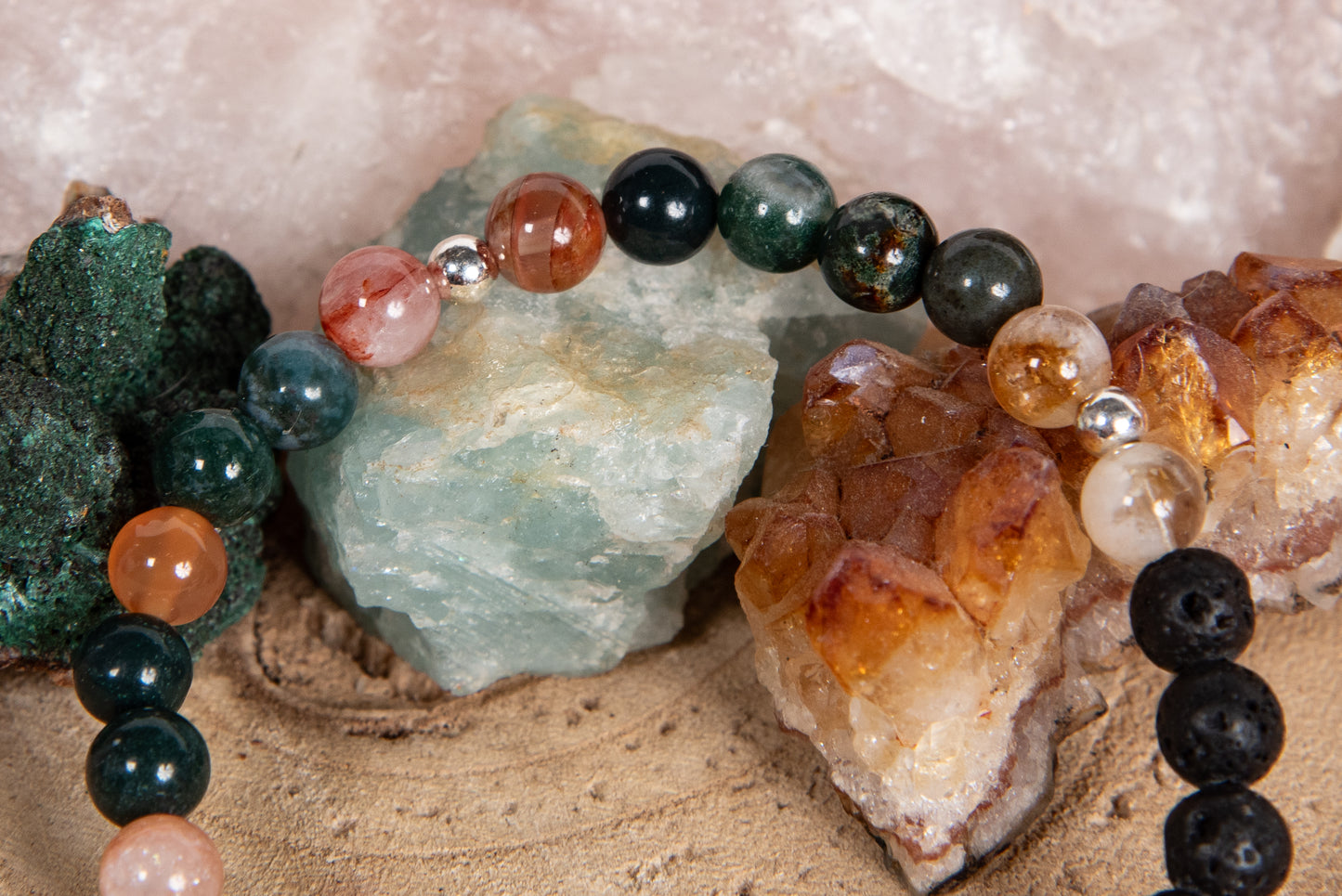 Agata muschiata, quarzo citrino, quarzo ematoide, corniola, lava, argento 925