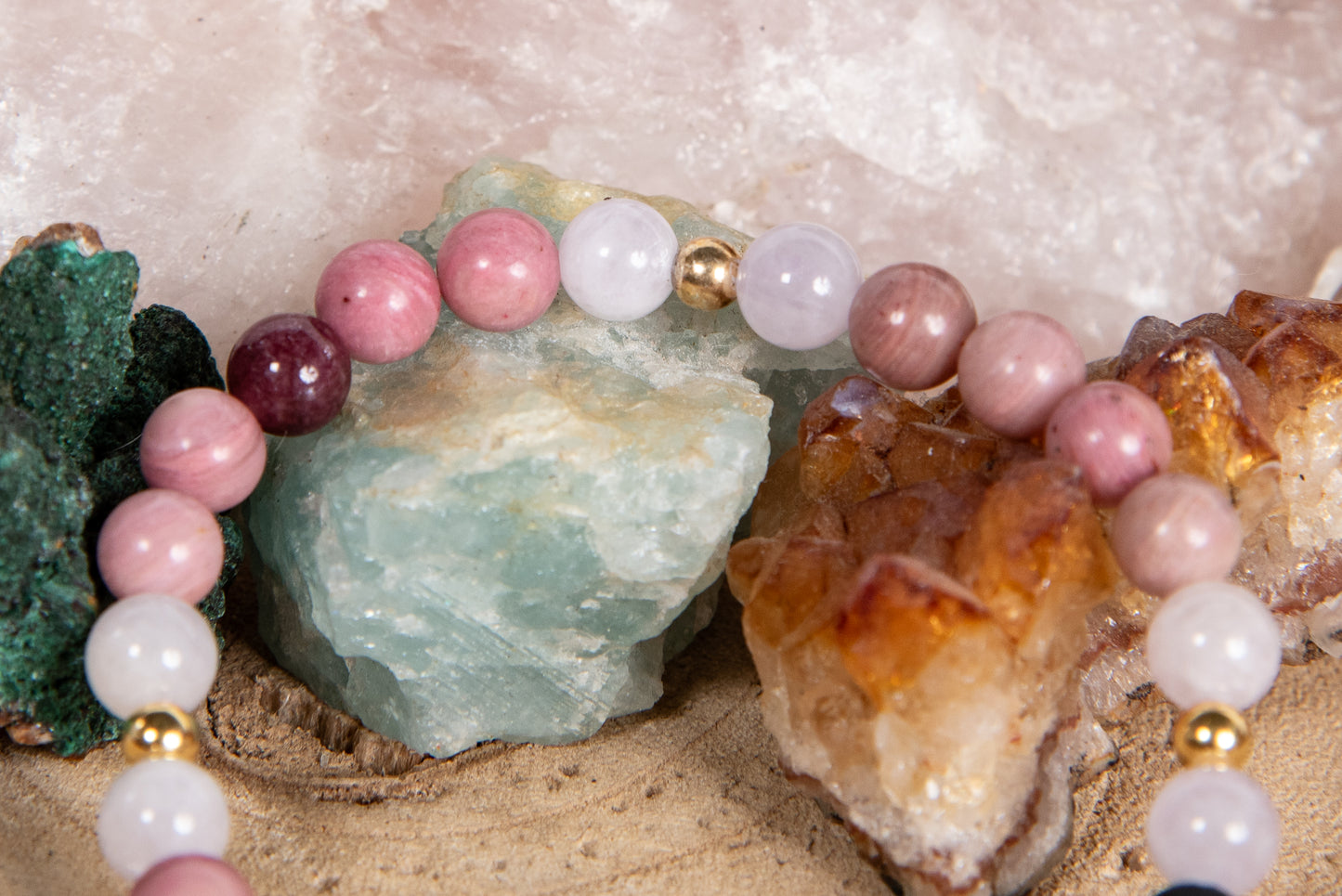 Rodonite, tormalina rosa, ametista lavanda, lava, argento dorato 925